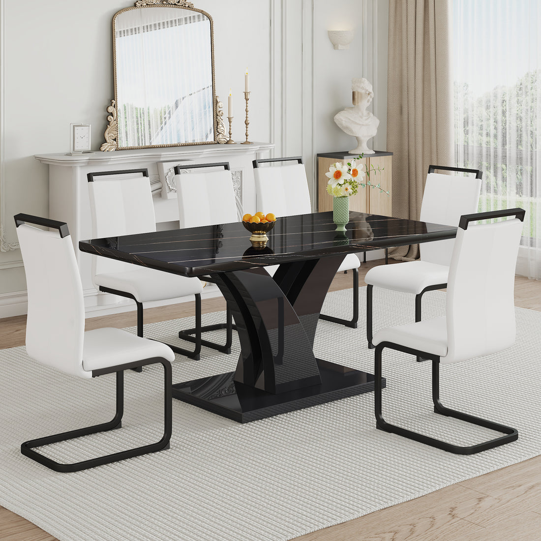 Table And Chair Set, Modern Dining Table, Black Tabletop And Black Mdf Leg Table, Soft And Comfortable Dining Chair, Perfect For Dinner, Meetings, Home And Office Decor White Black Mdf