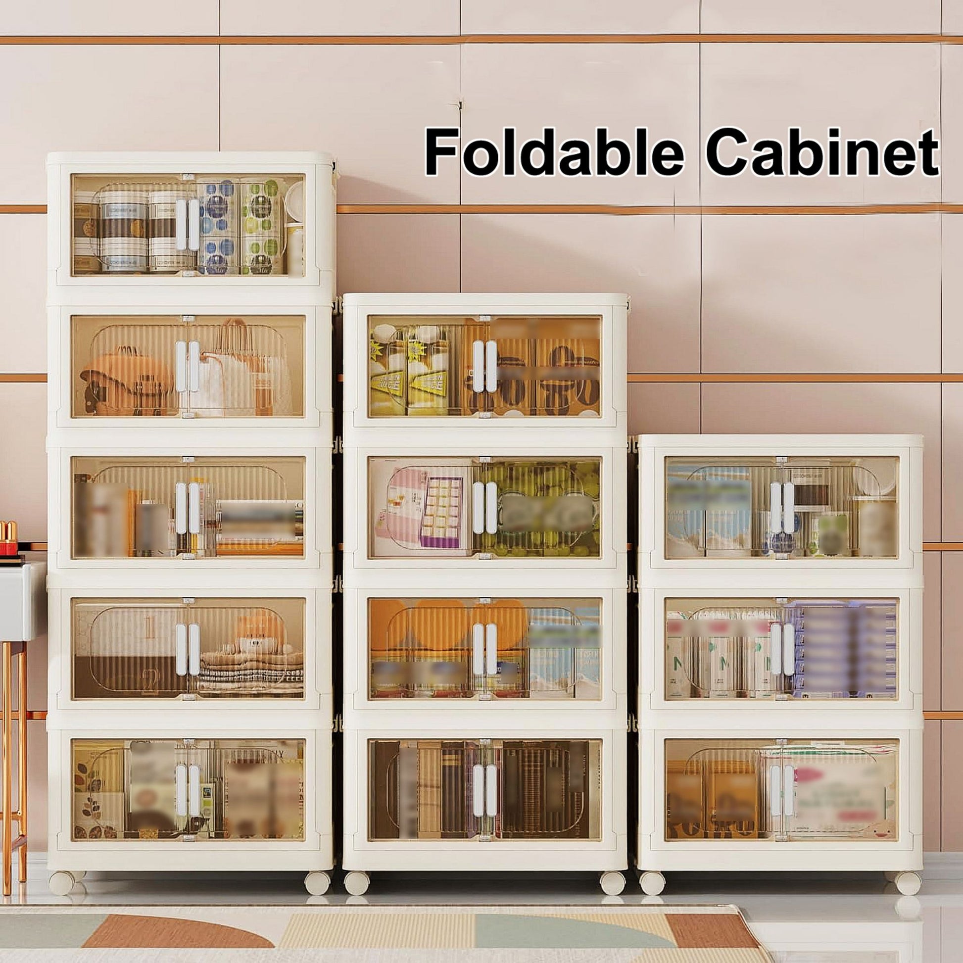 19.69" Side Wide Folding Storage Cabinet ,3 Tiers,19.69" 11.81" 31.1",Collapsible Storage Bins With Magnetic Door, Plastic Storage Cabinet With Wheels, Closet Organizers And Storage Containers Cream White Plastic