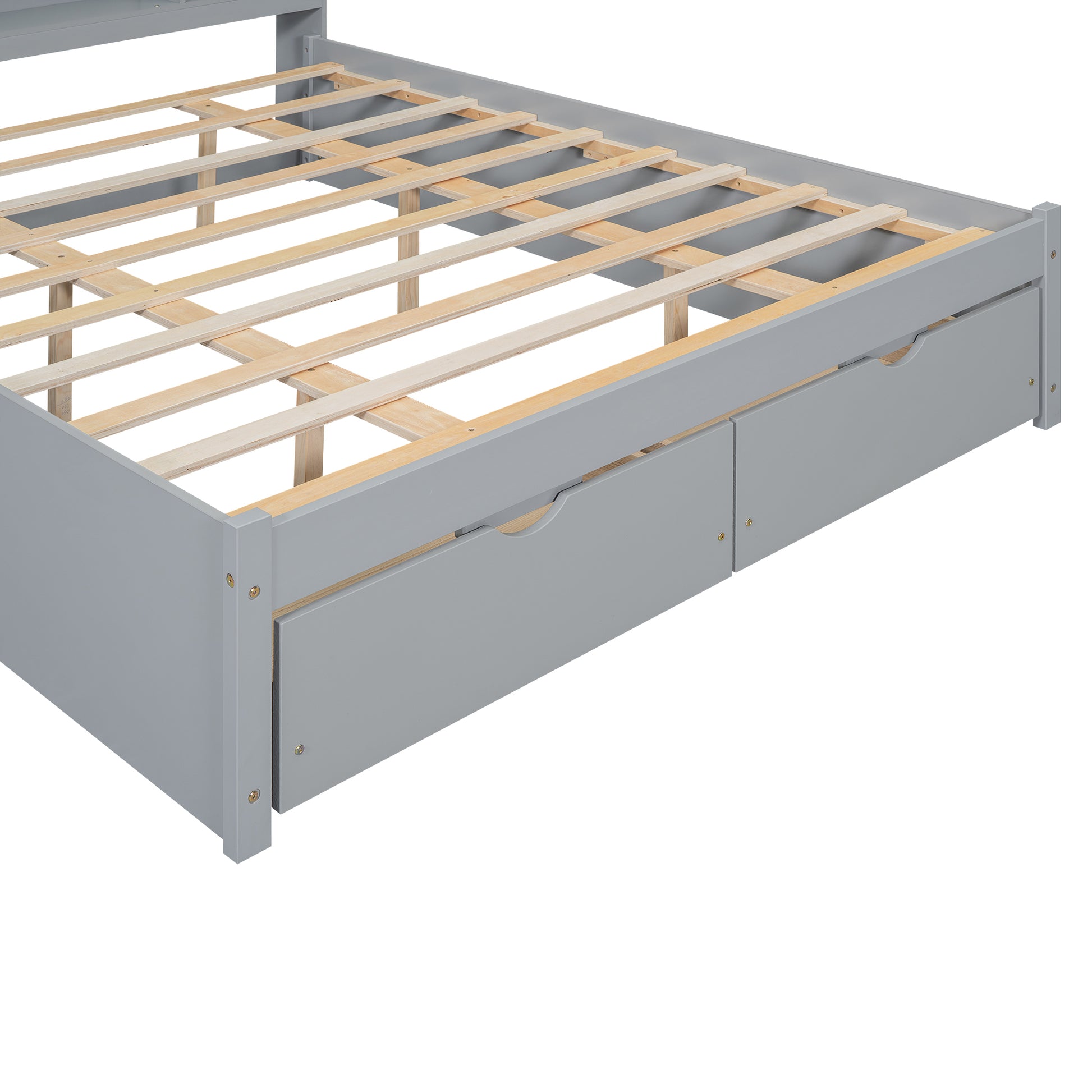 Queen Size Platform Bed With Storage Headboard And 2 Drawers, Gray Box Spring Not Required Queen Gray Wood Bedroom Bed Frame Solid Wood Mdf