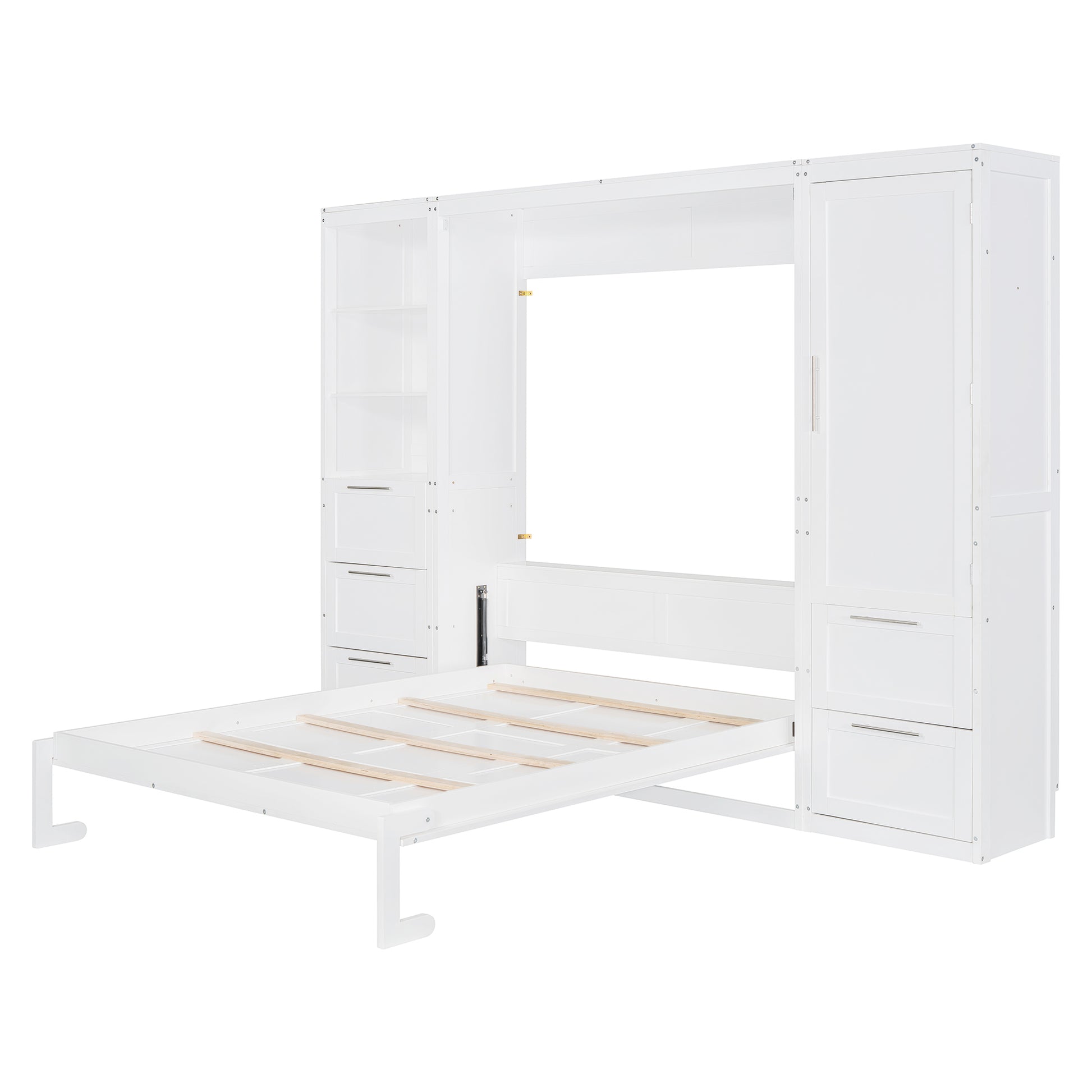 Queen Size Murphy Bed Wall Bed With Closet ,Drawers And Shelves,White Queen White Mdf Lvl