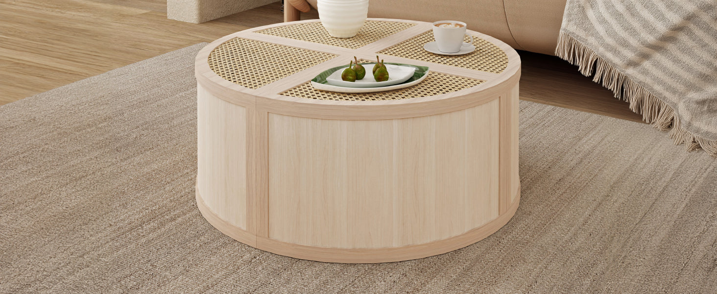 Round To Square Block Modular Coffee Table Light Natural Rattan With Storage 4 Piece Light Natural Rubber Wood