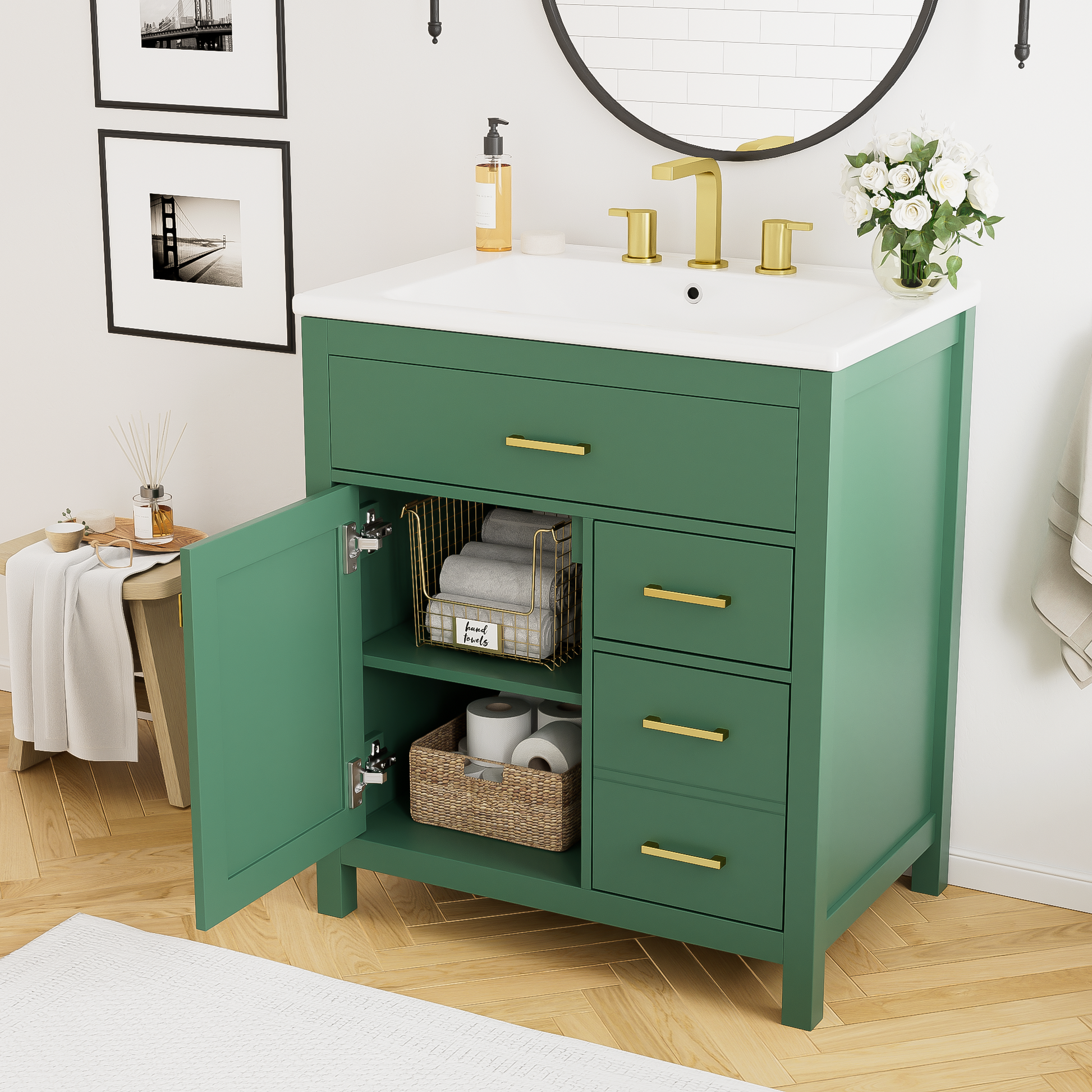 30 Inch Green Bathroom Vanity With Ceramic Sink And Large Storage Ideal Choice For Small Bathrooms Green Solid Wood Mdf