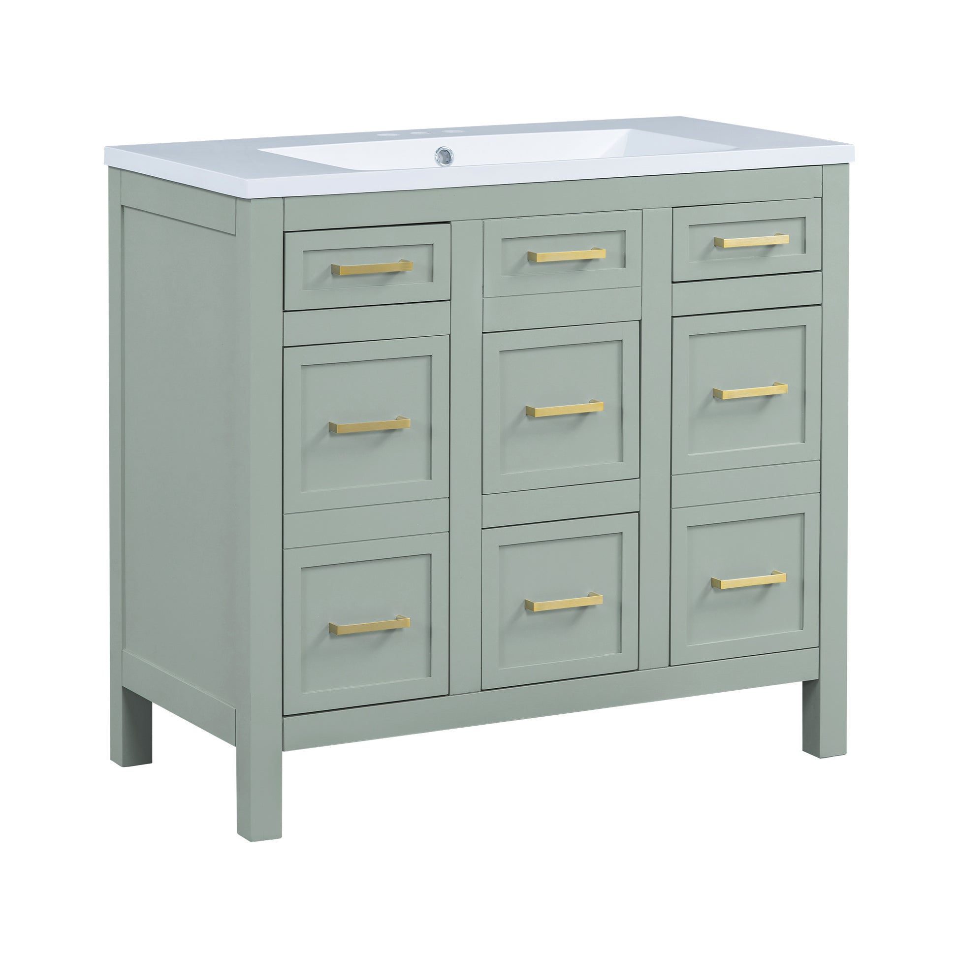 36" Bathroom Vanity Cabinet With Resin Integrated Sink 4 Drawers, 2 Doors Green Bathroom Solid Wood Mdf Resin