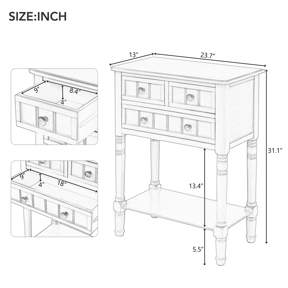 Narrow Console Table, Slim Sofa Table With Three Storage Drawers And Bottom Shelf Ivory White Ivory White Solid Wood