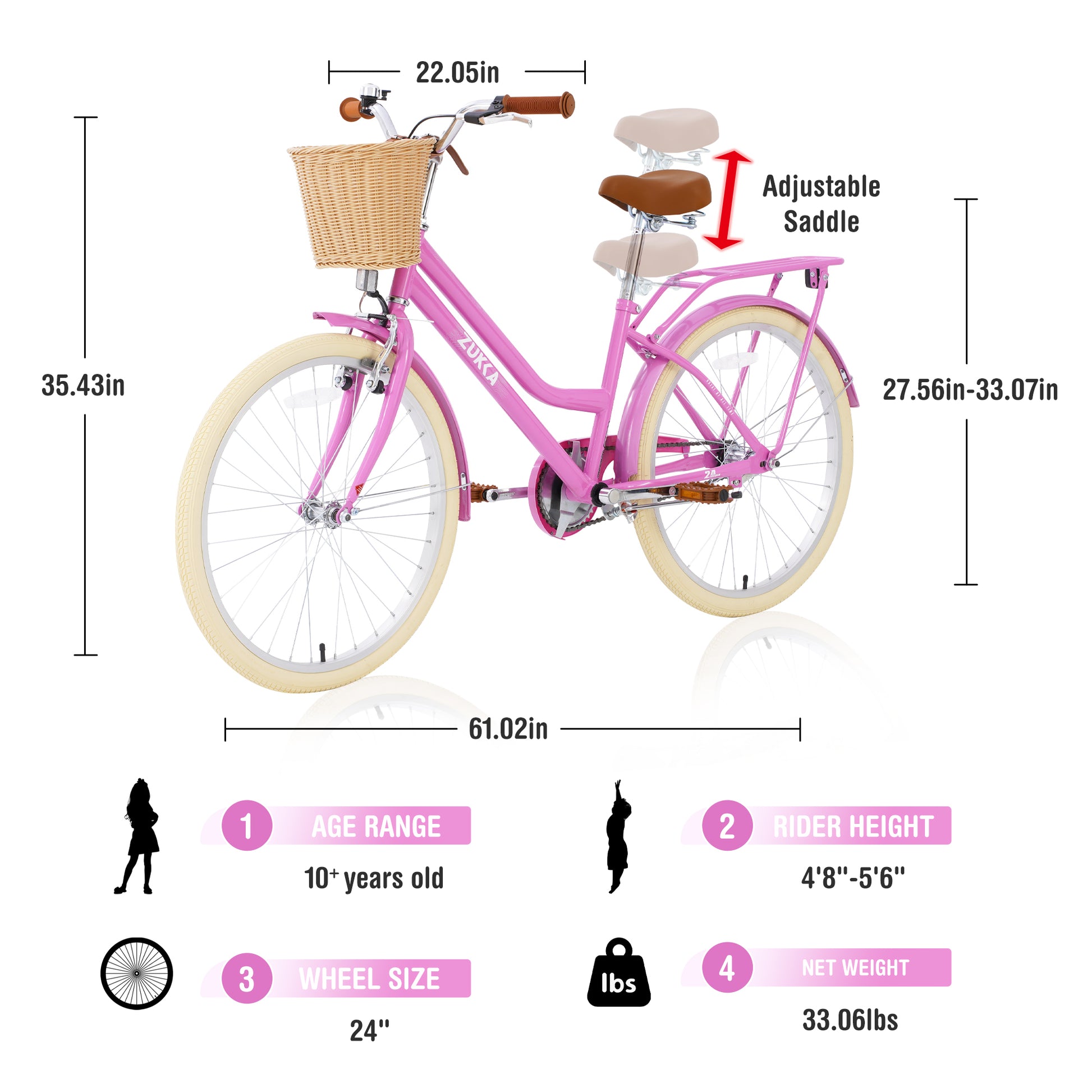 Steel Frame,Multiple Colors, For 10 Years Old Girls Bike,24 Inch Wheel Cycling Pink Garden & Outdoor Steel