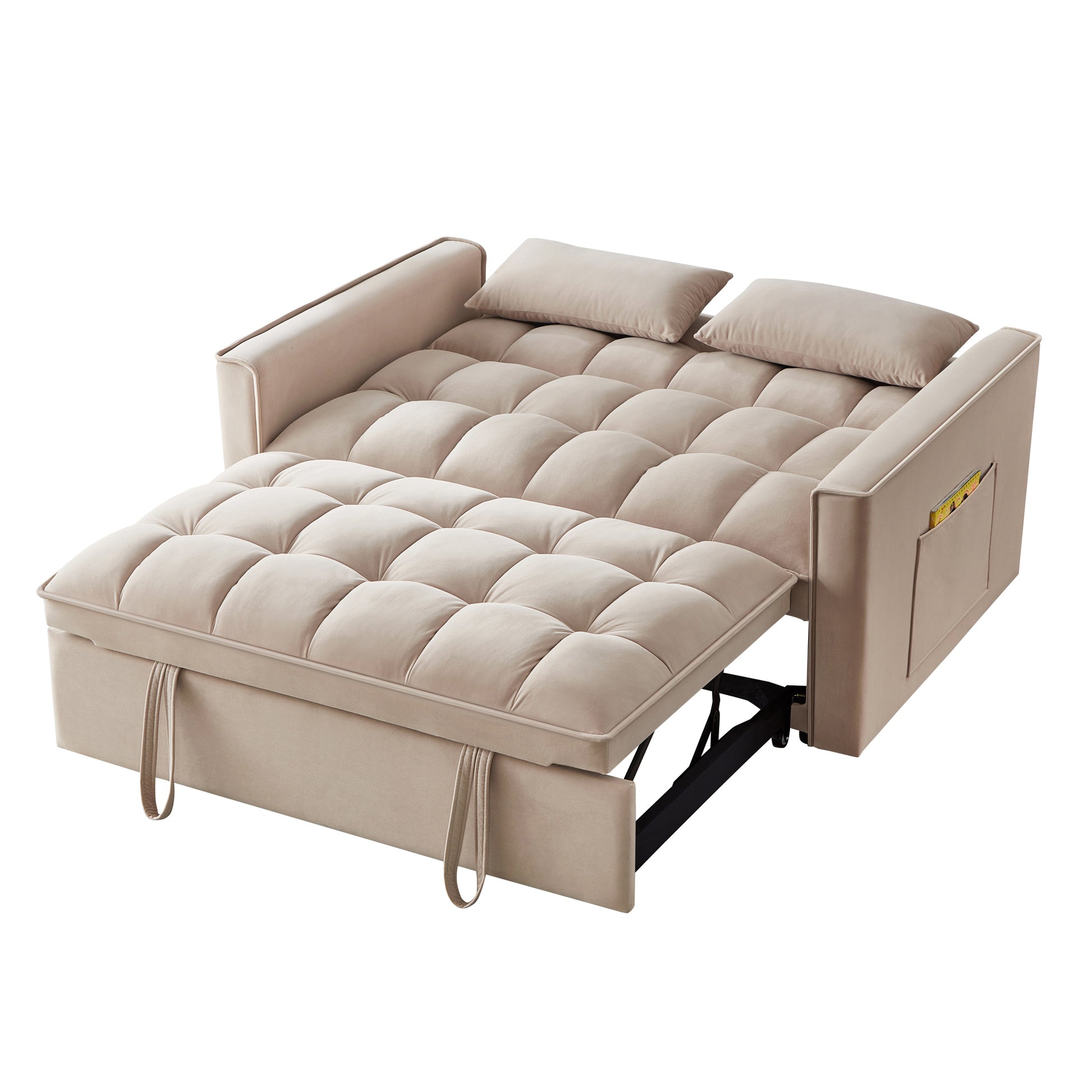 4 In1 Loveseat Sofa Bed With Armrests & Storage Pockets, Multi Function Tufted Pull Out Sofa Bed With Adjustable Backrest And Pillows, Convertible Loveseat Sofa Couch,Taupe Taupe Velvet Primary Living Space Medium Soft Tufted Back American