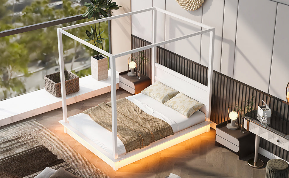Queen Size Wood Led Canopy Bed ,Canopy Platform Bed With Support Slats, No Box Spring Needed, White Queen White Plywood