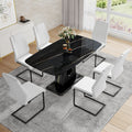 Table And Chair Set, Minimalist Dining Table, Imitation Marble Patterned Glass Tabletop, Mdf Legs With U Shaped Brackets. Paired With Comfortable Chairs, Suitable For Dining And Living Rooms. Black Mdf Glass