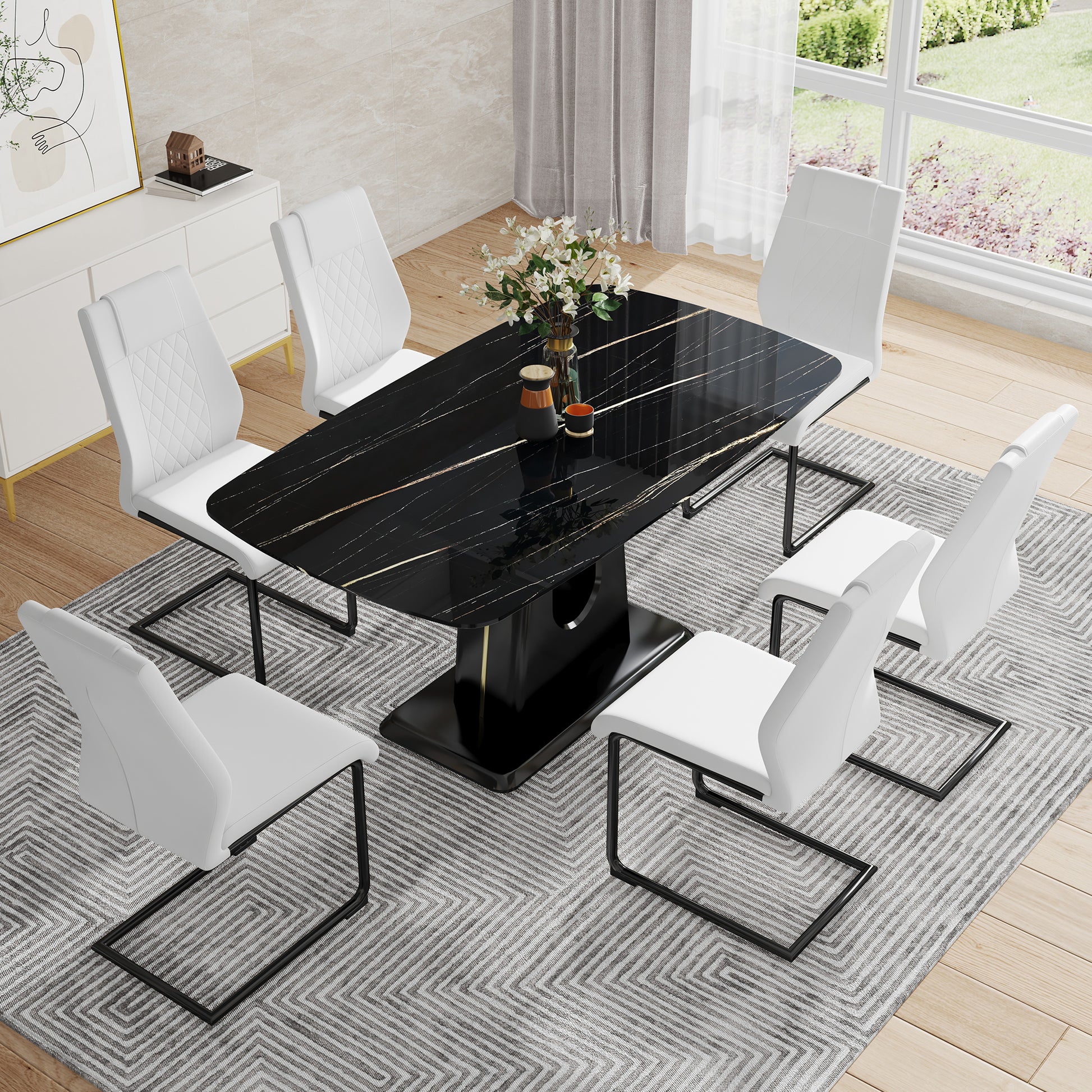 Table And Chair Set, Minimalist Dining Table, Imitation Marble Patterned Glass Tabletop, Mdf Legs With U Shaped Brackets. Paired With Comfortable Chairs, Suitable For Dining And Living Rooms. Black Mdf Glass