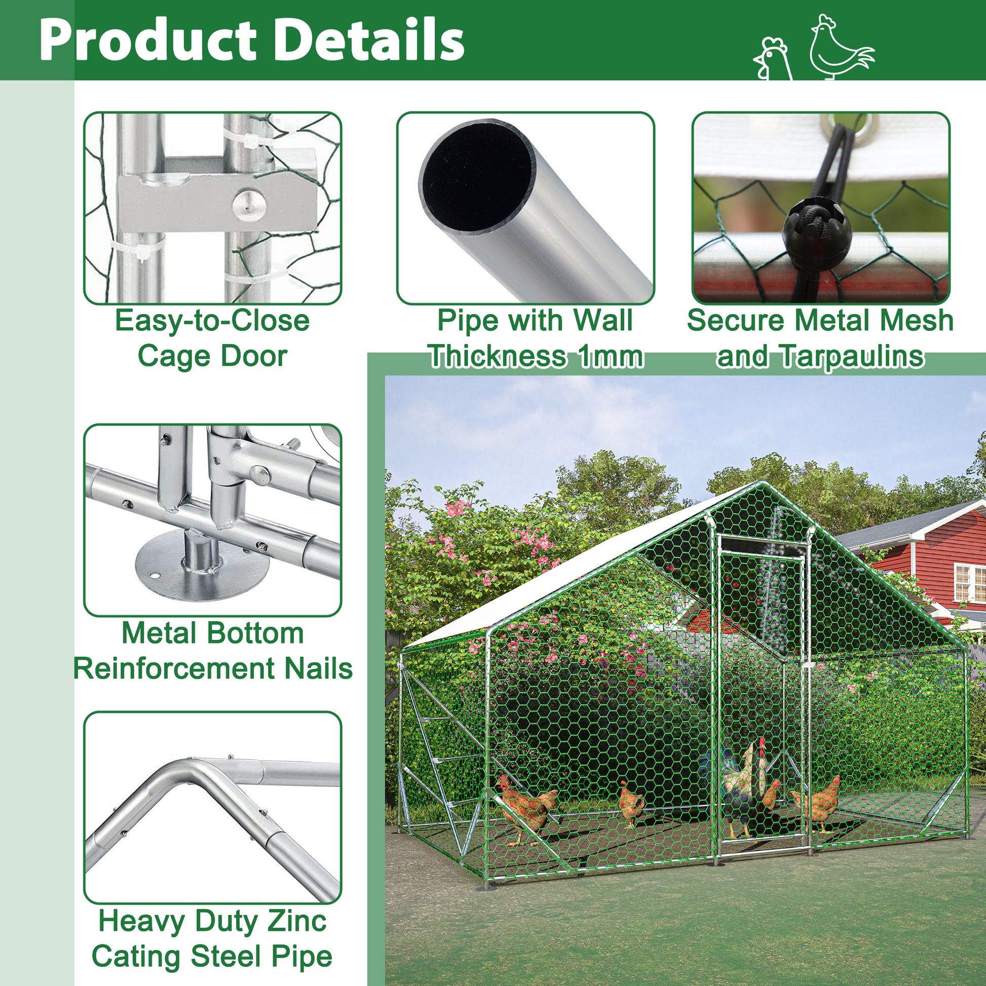 10 Ft. X 6.6 Ft. Large Metal Walk In Chicken Coop Galvanized Poultry Cage With Roosting Bar Farm Hen House Silver Metal