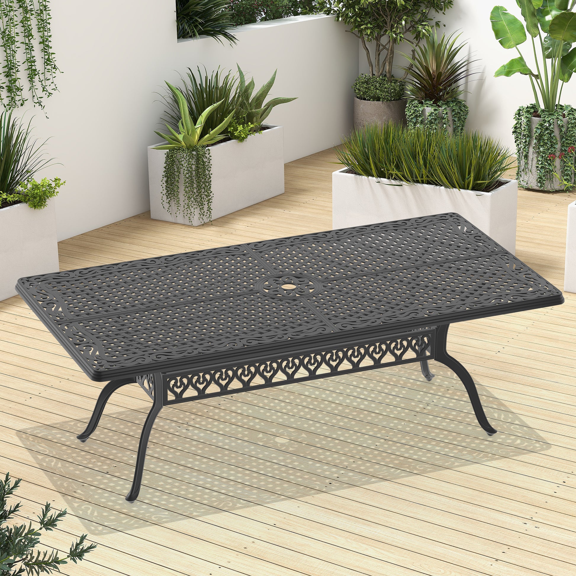 aluminum patio dining table with umbrella hole L82.68*W41.34 Inch Cast Aluminum Patio Dining Table With Black Frame A