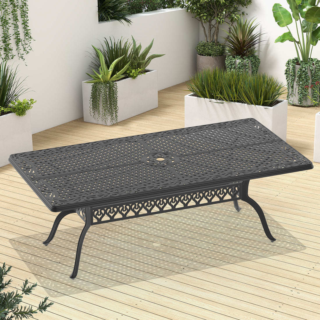 L82.68*W41.34 Inch Cast Aluminum Patio Dining Table With Black Frame And Umbrella Hole Dining Set Black Rust Resistant Frame Garden & Outdoor Complete Patio Sets Aluminium