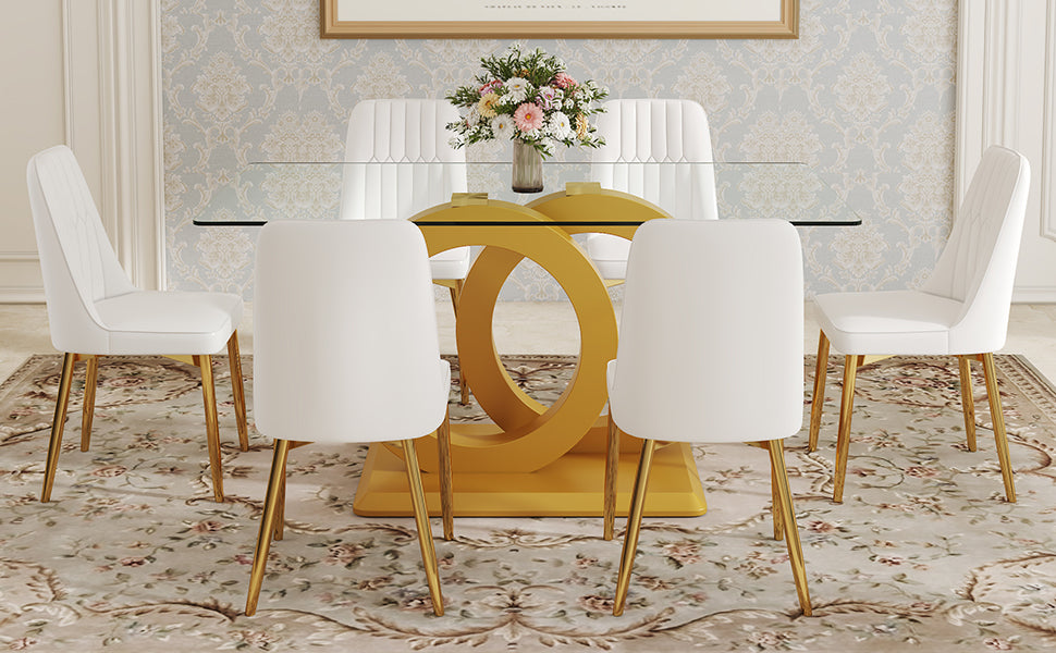 Table And Chair Set.63"W X 35.4"D X 30"H Clear Tempered Glass Desk And Chair Set With 6 White Pu Chairs With Gold Metal Legs.Bring A Comfortable Home Experience To The Kitchen, Bedroom, And Office.