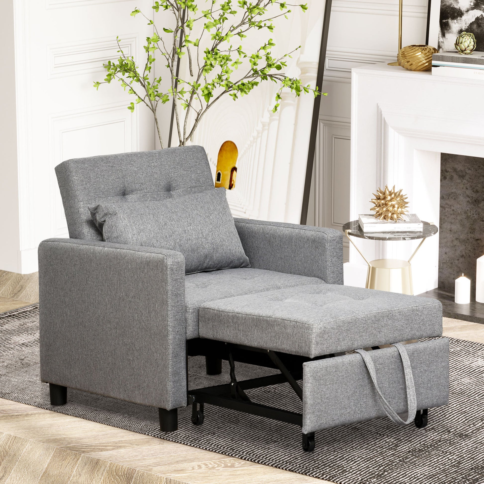 Homcom Convertible Sofa Lounger Chair Bed Multi Functional Sleeper Recliner With Tufted Upholstered Fabric, Adjustable Angle Backrest, And Pillow, Grey Grey Plastic 1 Seat