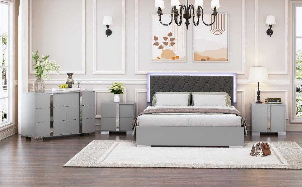 4 Pieces Bedroom Sets Queen Size Upholstered Bed With Led Lights, Mirrored Nightstands And Dresser With Metal Handles And Legs,Grey Queen Grey 4 Piece Set Solid Wood Mdf