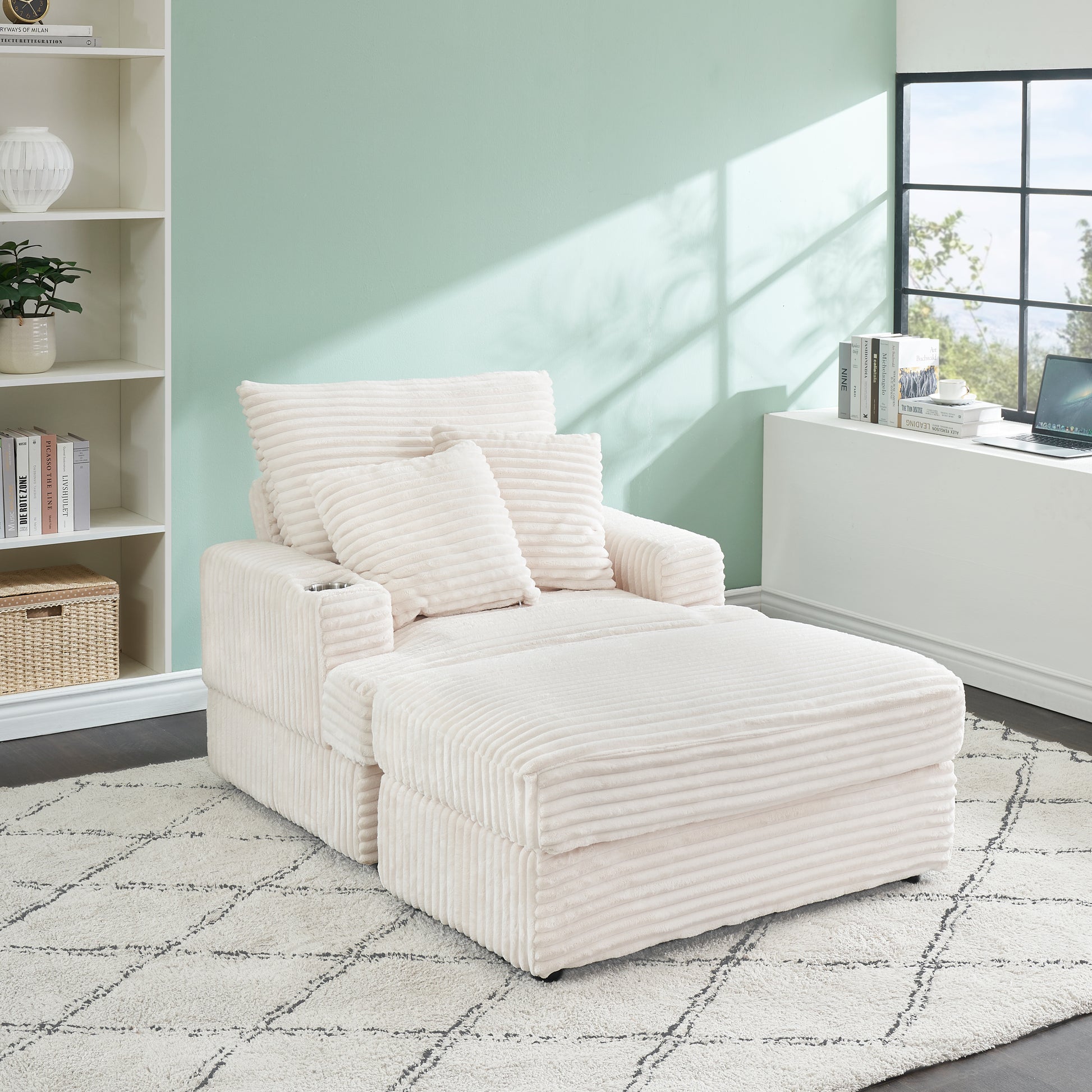 39 Inch Spring Upholstered Armchair And Ottoman Set Comfortable Single Sofa With Cup Holder And Corduroy Fabric, Perfect For Living Room Or Bedroom White Corduroy 1 Seat