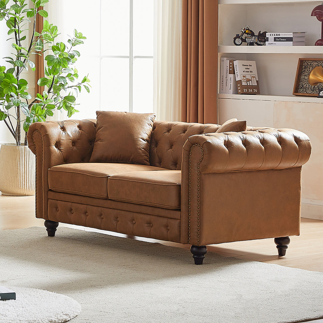 Fx 63.5" Contemporary Design Chesterfield Sofa, Tech Fabric Button Design Living Room Sectional, Button Tufted With Nail Design Arms With 2 Pillows, Upholstered Upholstery And Wooden Legs Brown Wood Primary Living Space Pine Foam Fabric 3 Seat