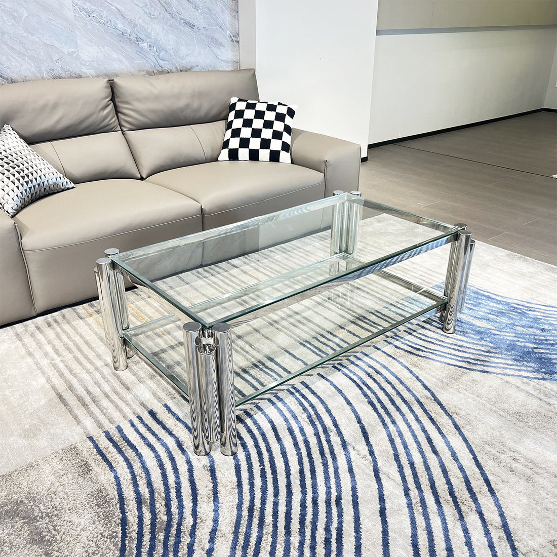 47" Wide Rectangle Modern Stainless Steel Coffee Table, Double Layer Clear Tempered Glass Coffee Table, Center Table With Storage, For Living Room Home Office, Easy Assembly, Silver Clear,Silver