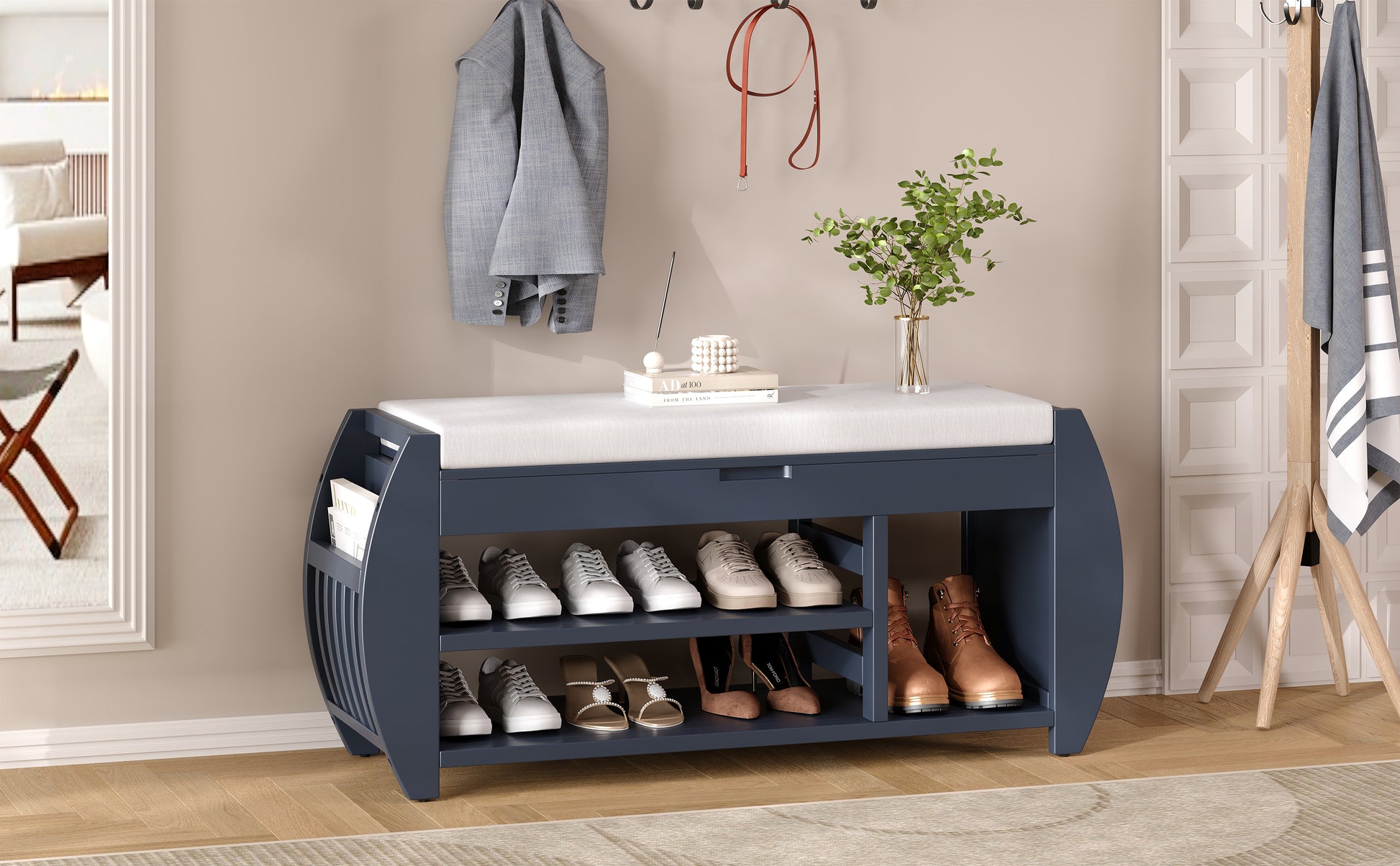 Retro Multifunctional Storage Bench With Cushion And Curved Side Panel For Entrance And Living Room Antique Navy Antique Navy Mdf