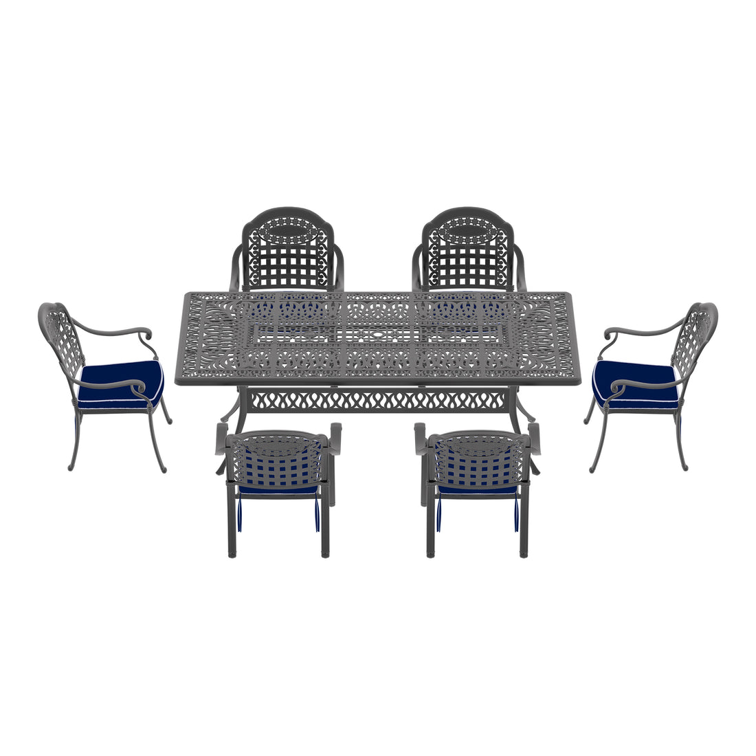 Cushions In Random Colors 7 Piece Set Of Cast Aluminum Patio Furniture With Cushions Yes Dining Set Black Seats 6 Rust Resistant Frame Water Resistant Cushion Garden & Outdoor Complete Patio Sets Aluminium