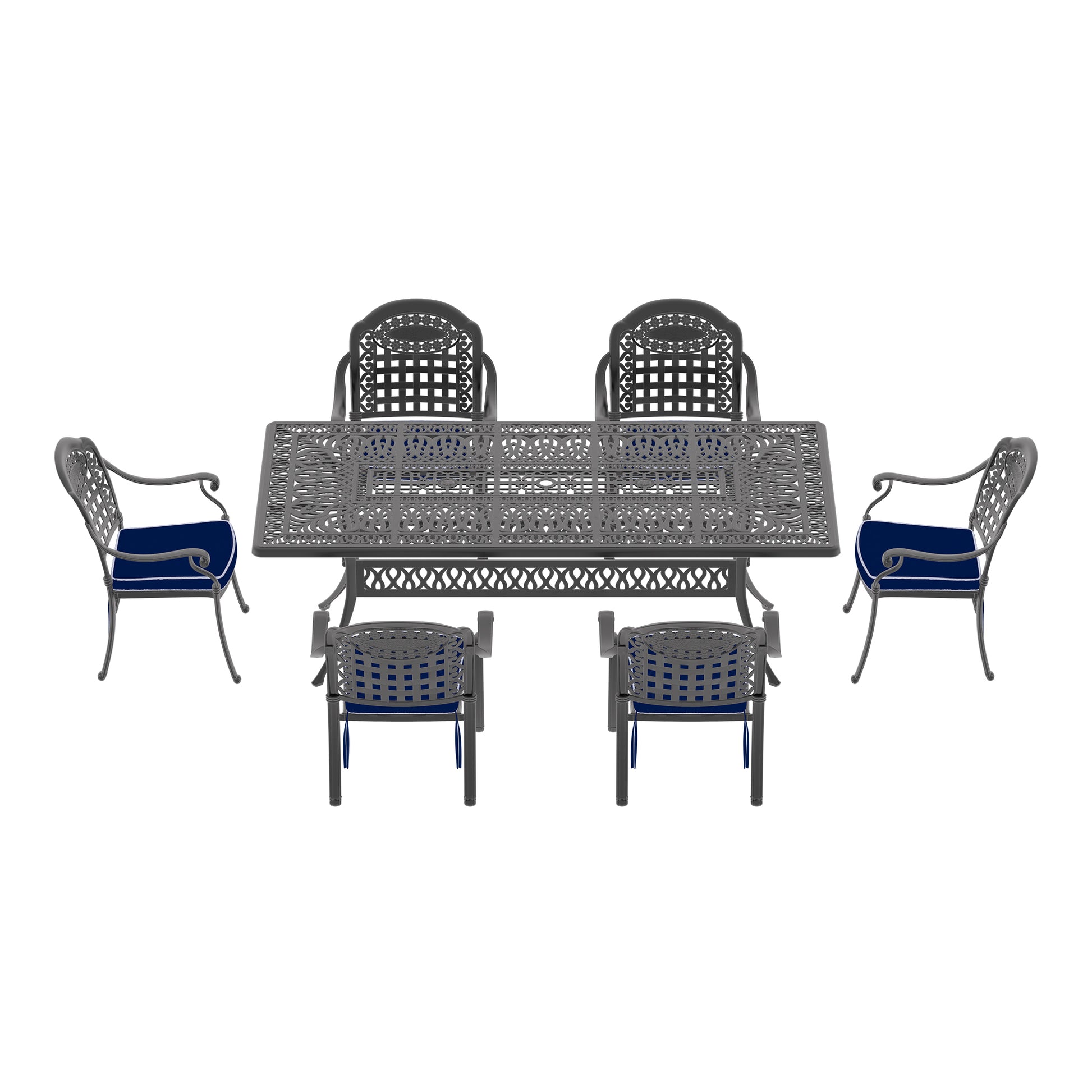 Cushions In Random Colors 7 Piece Set Of Cast Aluminum Patio Furniture With Cushions Yes Dining Set Black Seats 6 Rust Resistant Frame Water Resistant Cushion Garden & Outdoor Complete Patio Sets Aluminium