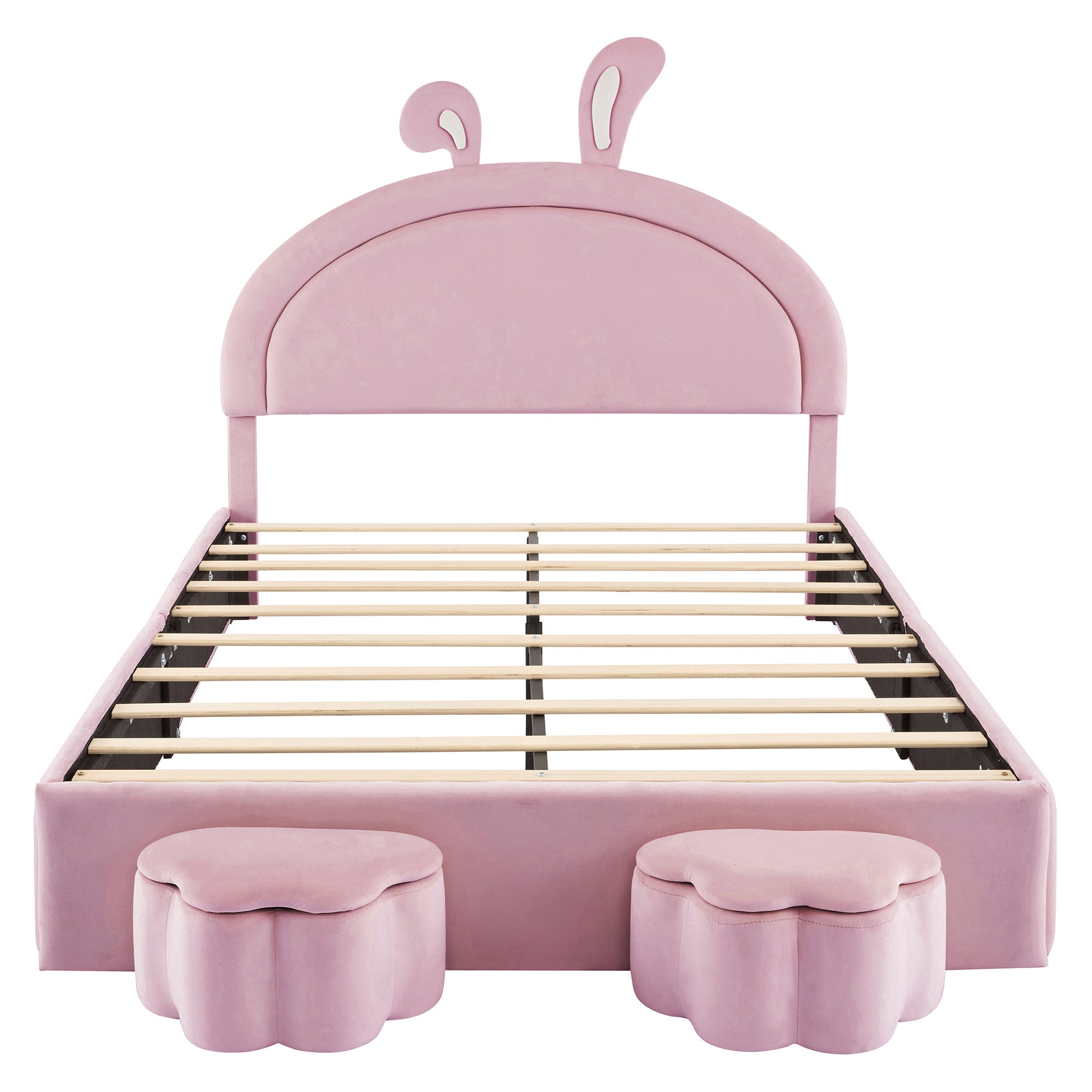 Full Size Upholstered Rabbit Shape Bed With 2 Storage Stools, Velvet Platform Bed With Cartoon Ears Shaped Headboard, Pink Full Pink Wood