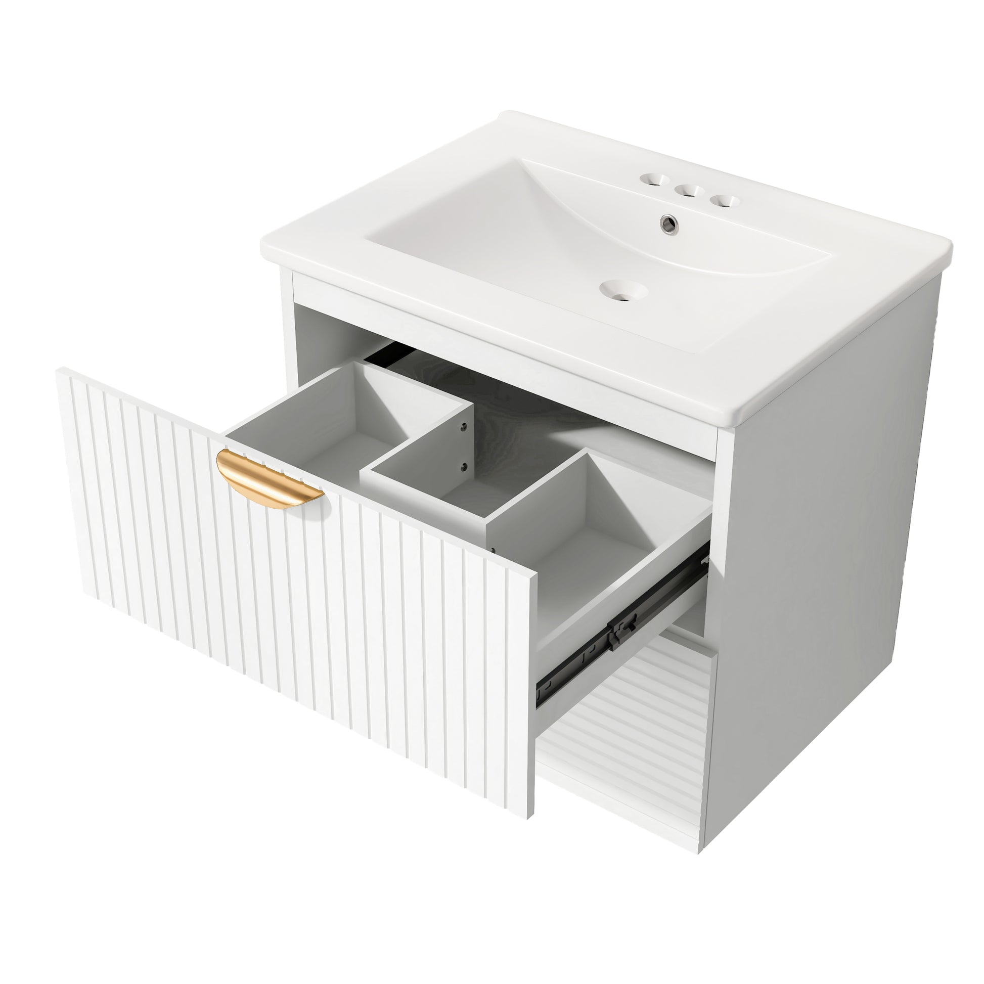 Modern 24 Inch Wall Mounted Bathroom Vanity With 2 Drawers, White Ideal For Small Bathrooms White Bathroom Mdf