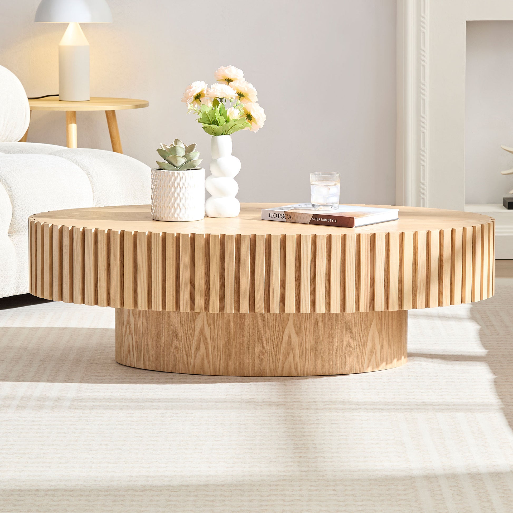 Modern Handcraft Drum Coffee Table Length 43.7 Inch Ellipse Coffee Table For Living Room,Small Coffee Table With Sturdy Pedestal,Natural Ash Mdf Natural Ash Mdf