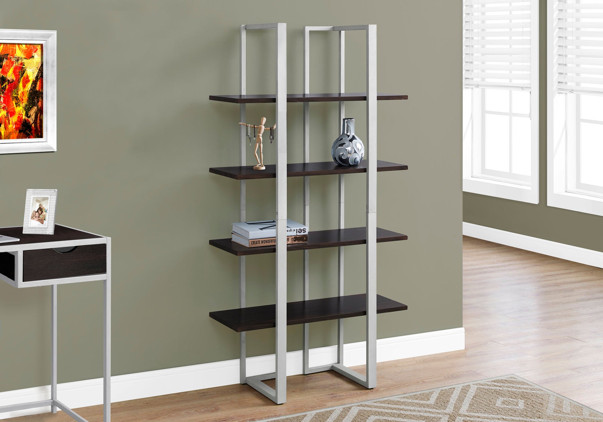 Bookshelf, Bookcase, Etagere, 4 Tier, 60"H, Office, Bedroom, Brown Laminate, Grey Metal, Contemporary, Modern Espresso Mdf