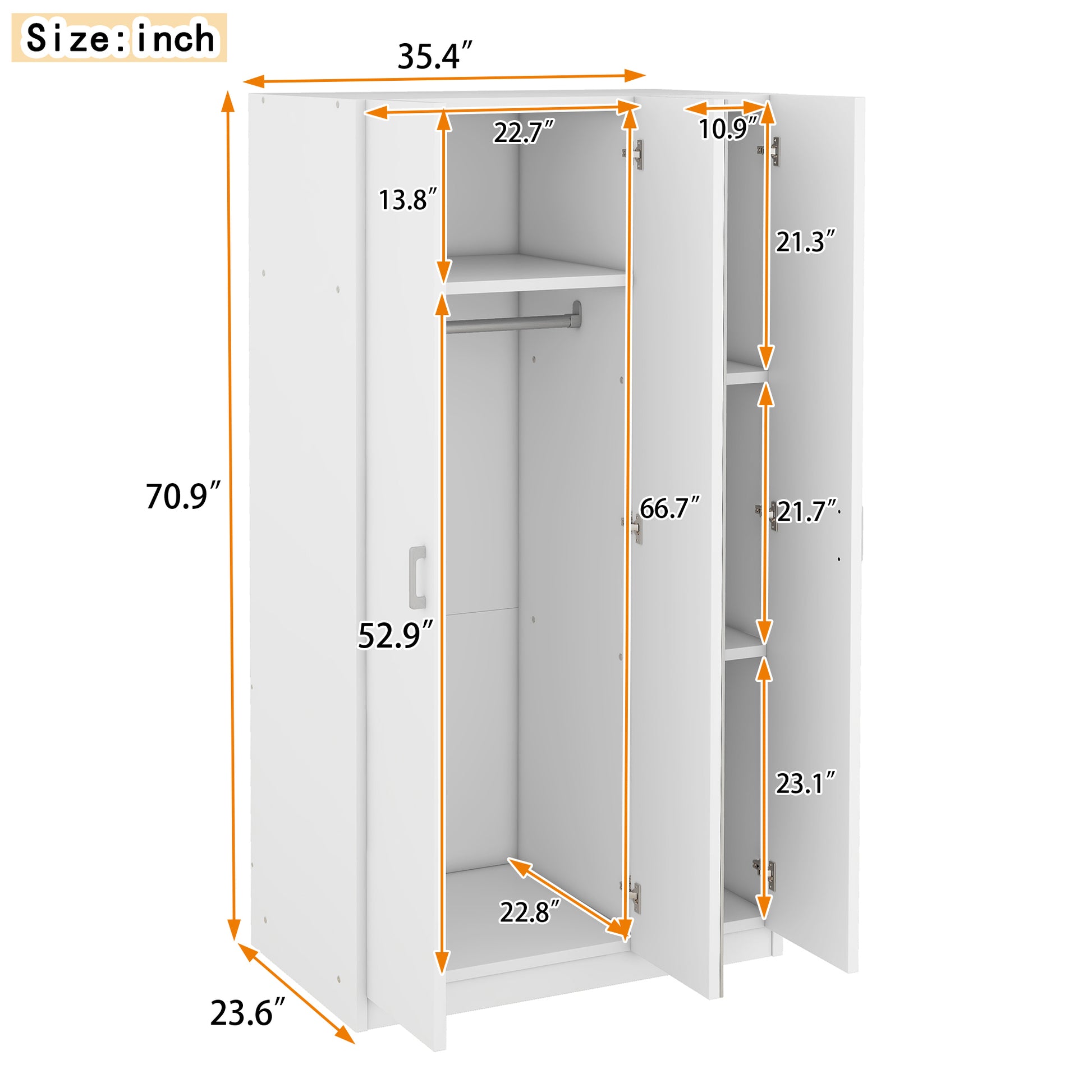 3 Door Wardrobe With Mirror, Armoire With Hanging Rod And 3 Fixed Shelves,White White Particle Board