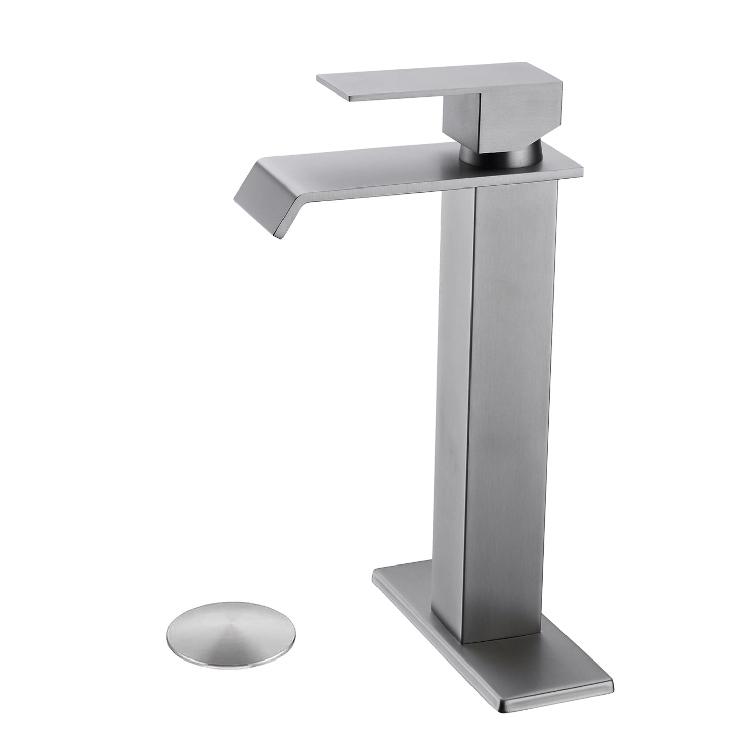 Waterfall Spout Bathroom Sink Single Handle Faucet With Pop Up Drain No Overflow Brushed Nickel Stainless Steel