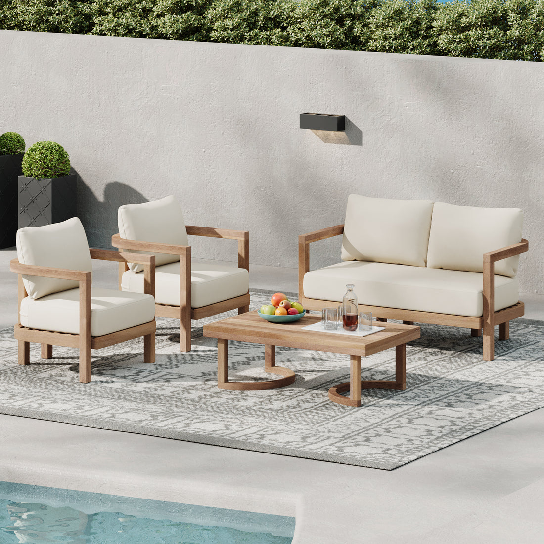 4 Pieces Acacia Wood Patio Furniture Set, Outdoor Furniture With Coffee Table, Patio Conversation Set Deep Seating With Soft Cushion, Porch Chairs For Garden, Backyard Porch Balcony, Brown Wash, Beige Yes Brown Beige Seats 4 Garden & Outdoor Sectional