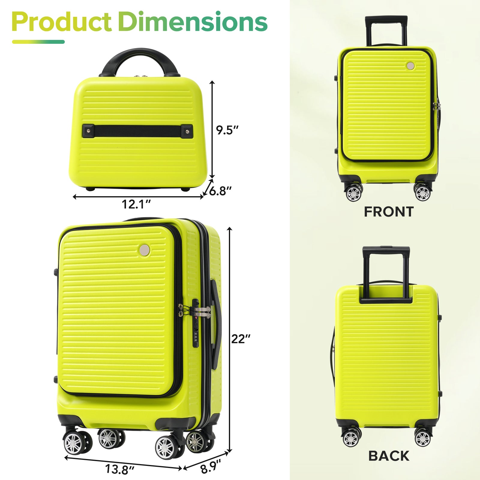 Carry On Luggage 20 Inch Front Open Luggage Lightweight Suitcase With Front Pocket And Usb Port, 1 Portable Carrying Case Green Abs