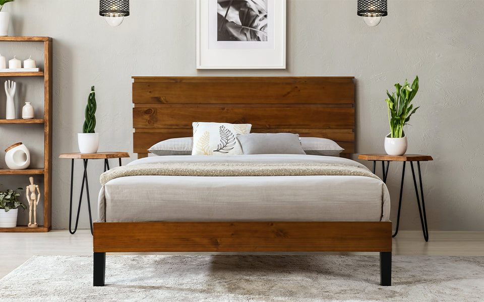 Mid Century Modern Solid Wood Bed Frame King Size Platform Bed With Three Piece Headboard Design, No Box Spring Needed, Brown King Brown Pine