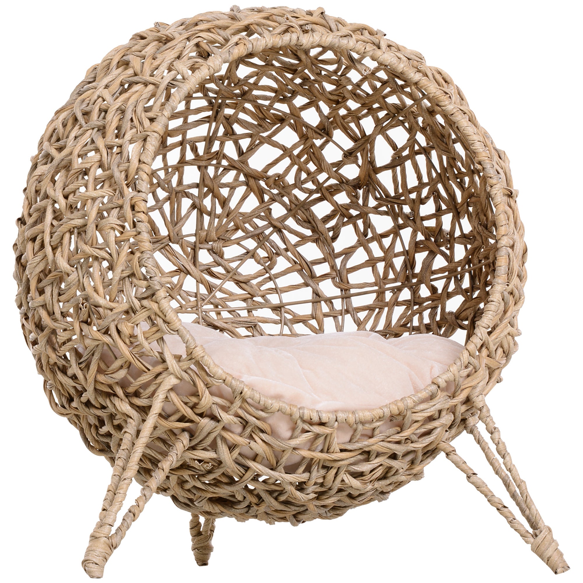 Pawhut 20.5" Weaved Cat Bed, Elevated Hand Woven Braided Banana Leaf Kitten House Condo With Cushion, Beige Beige Rattan