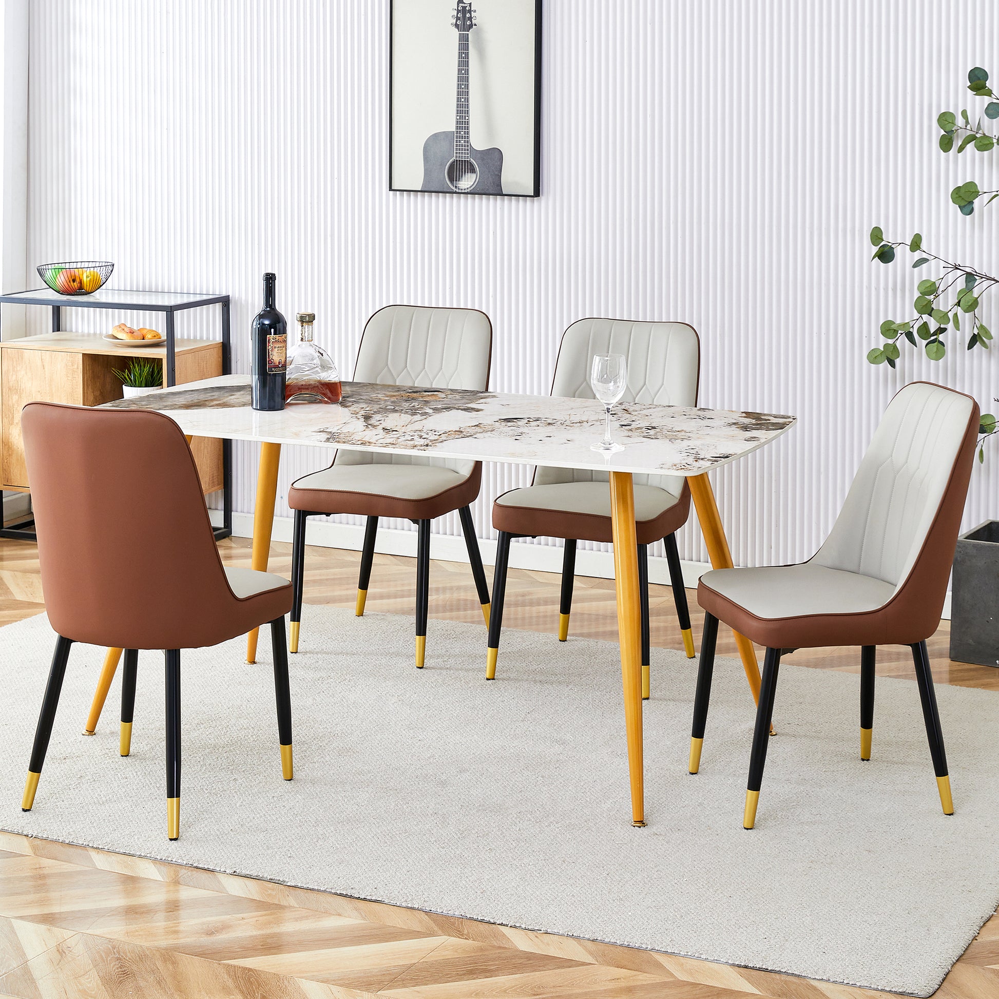 Table And Chair Set.Modern Minimalist Dining Table. White Imitation Marble Pattern Sintered Stone Desktop With Golden Metal Legs.Paried With 4 Comfortable Chairs With Pu Seats And Black Metal Legs.