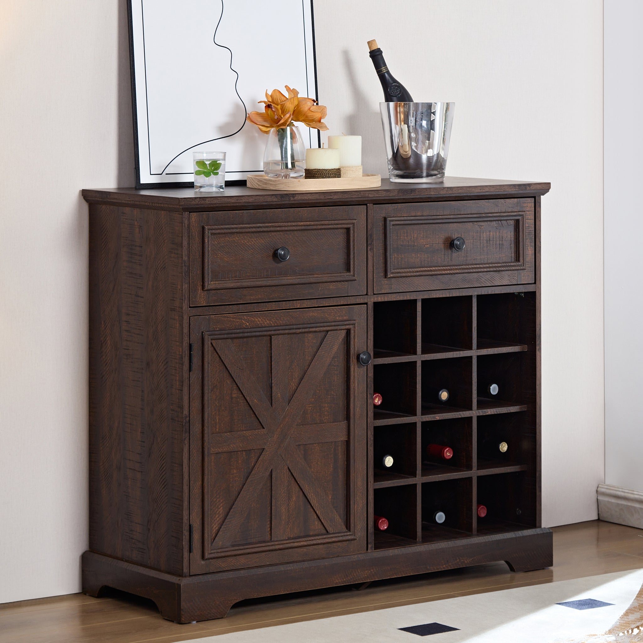 Farmhouse Liquor Cabinet Bar Cabinet With 2 Drawers, Wine Bar Cabinet With Removable Wine Racks Storage Shelves, Cupboard For Kitchen, Dining Room, Espresso L39.37''*W15.7"*H34.65" Espresso Mdf