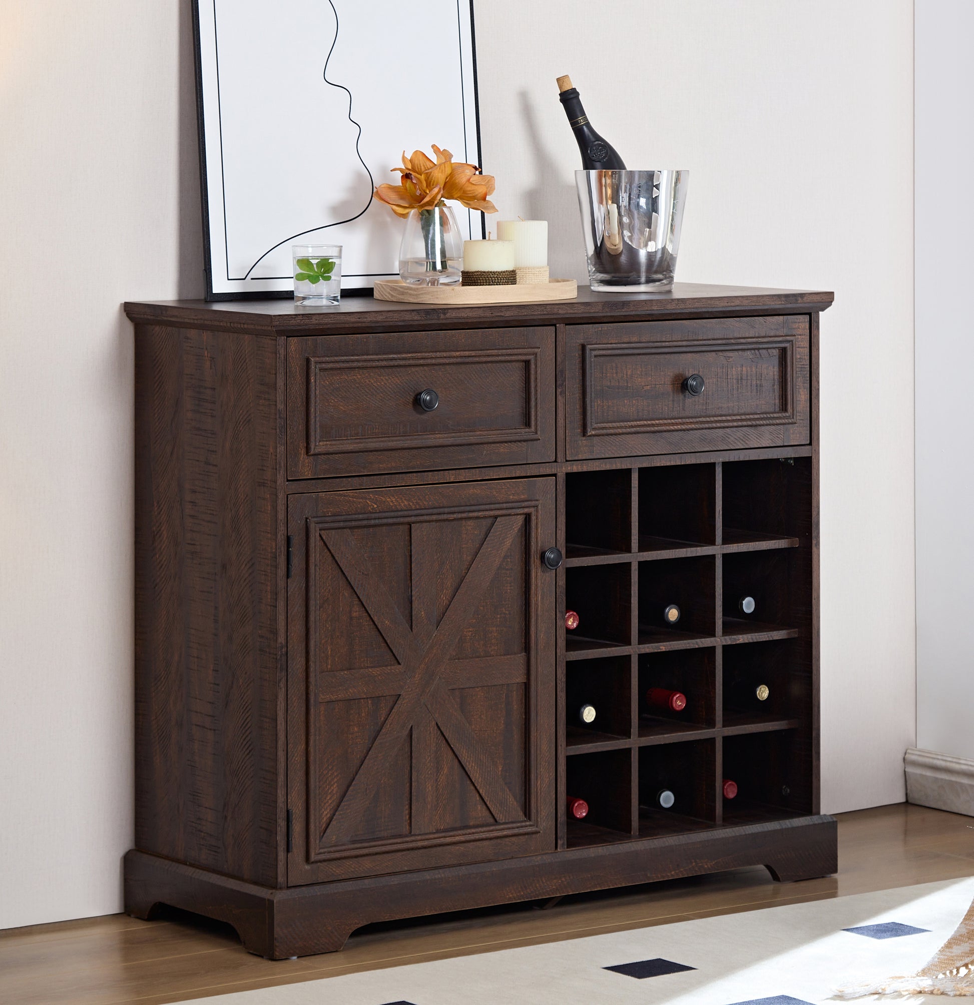 Farmhouse Liquor Cabinet Bar Cabinet With Drawers, Wine Bar Cabinet