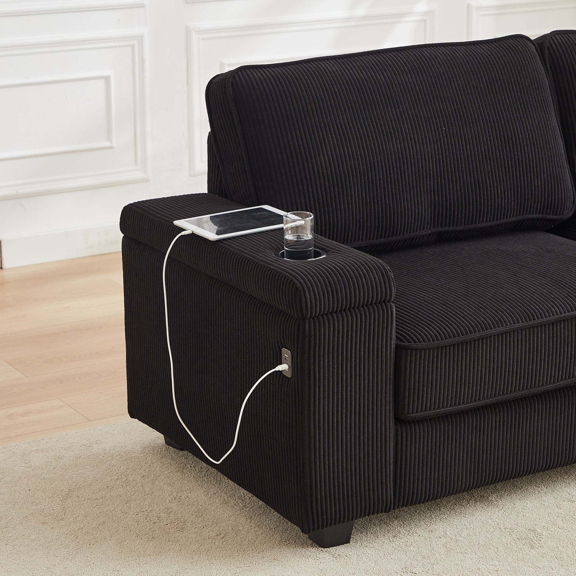86.5 Inch Sofa Couch Deep Seat Sofa With Two Storage Spaces, T Pyce Charging Portsusb Charging Ports & 2 Cup ,Corduroy 3 Seater Couch, Modern Sofas For Living Room Black Foam Corduroy 3 Seat