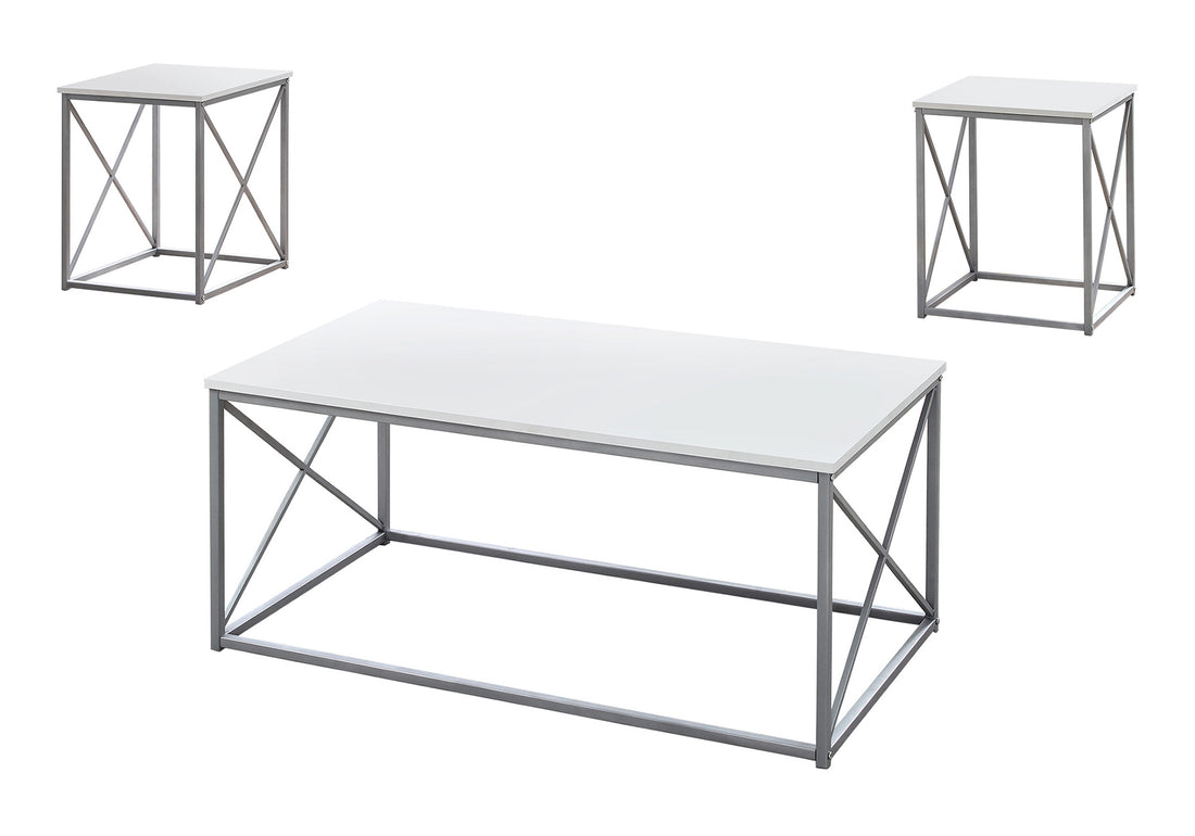 Table Set, 3Pcs Set, Coffee, End, Side, Accent, Living Room, White Laminate, Grey Metal, Contemporary, Modern White Mdf