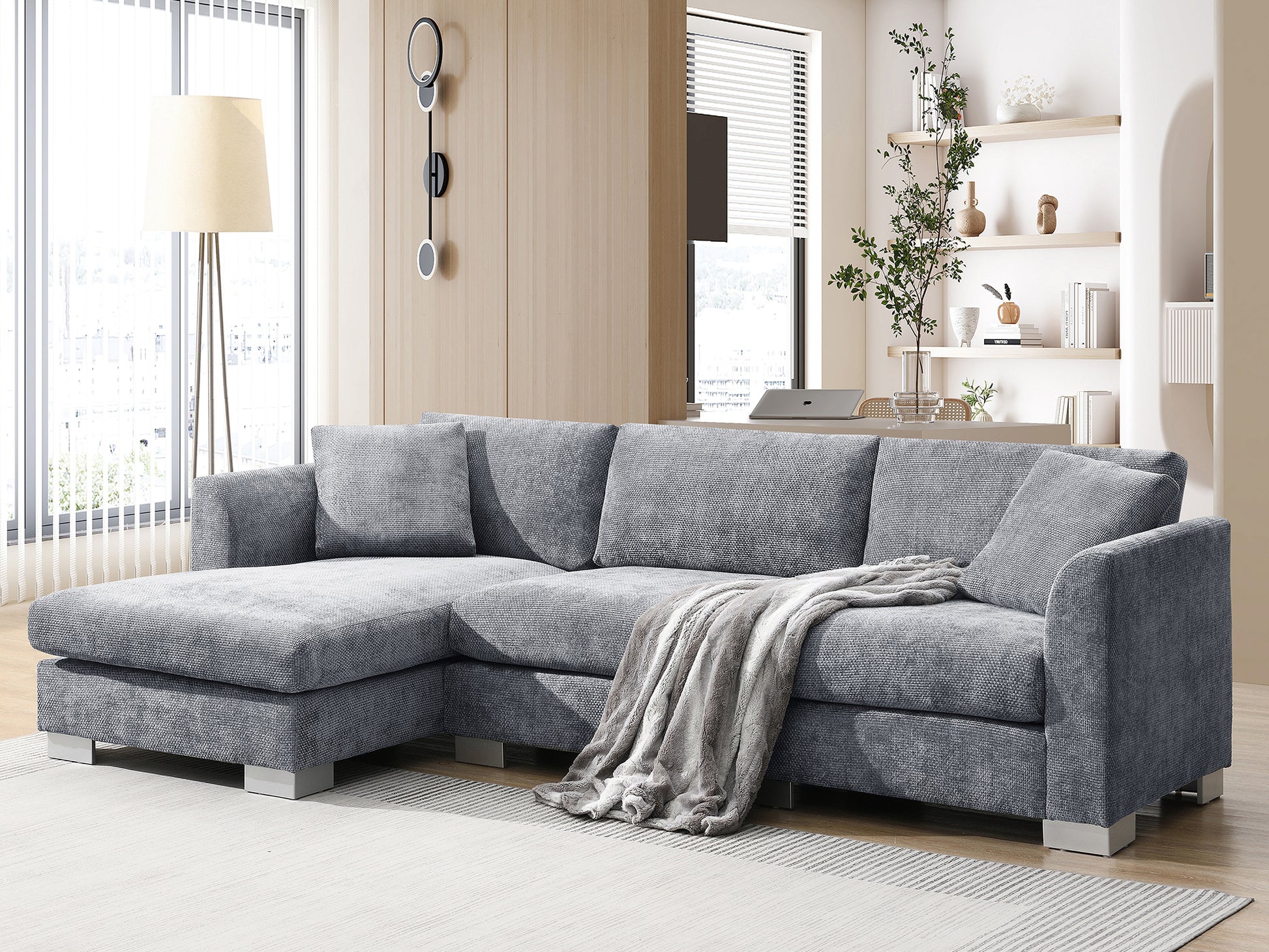 96*56" Modern Cloud Sectional Sofa,L Shaped Luxury Couch Set With 2 Free Pillows,4 Seat Chenille Indoor Furniture With Oversized Chaise For Living Room,Apartment,Office,3 Colors Gray Chenille 4 Seat