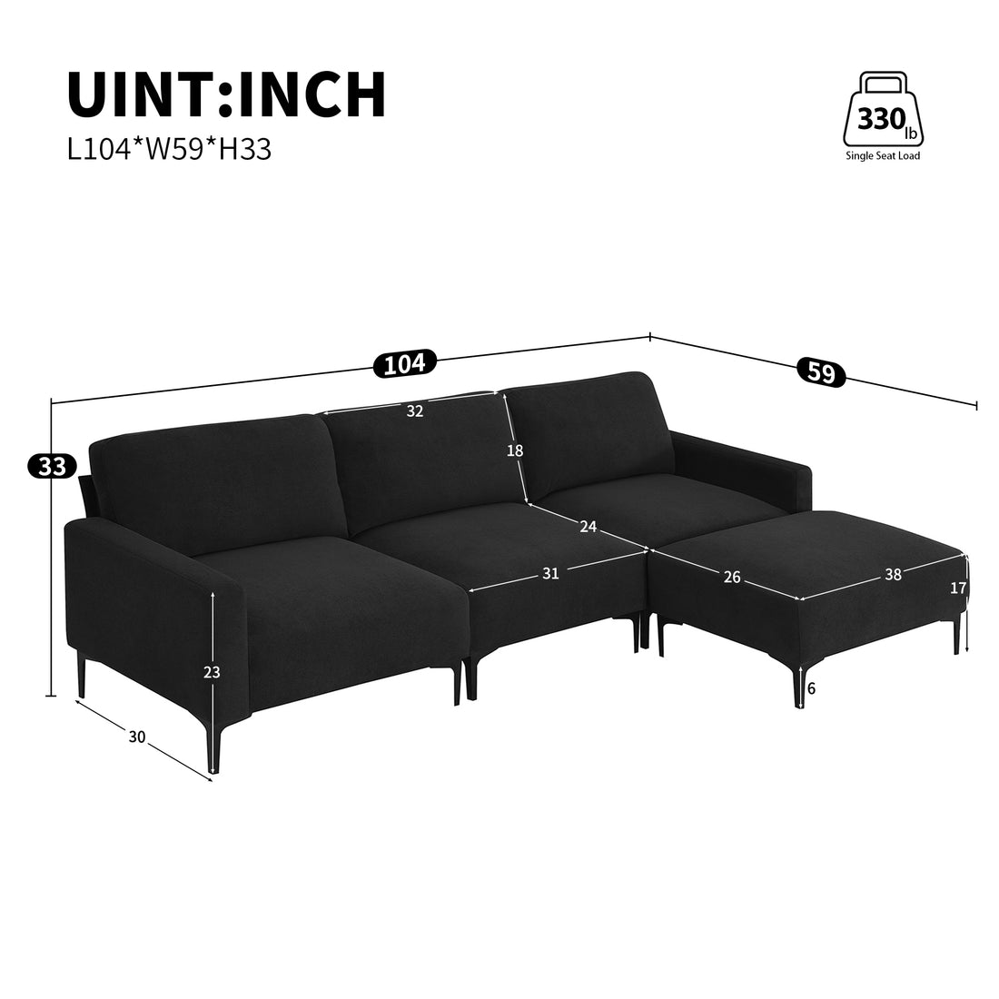 103.5*59" Modern L Shaped Sectional Sofa, 4 Seat Velvet Fabric Couch Set With Convertible Ottoman,Freely Combinable Sofa For Living Room, Apartment, Office,Apartment,2 Colors Black Velvet 4 Seat