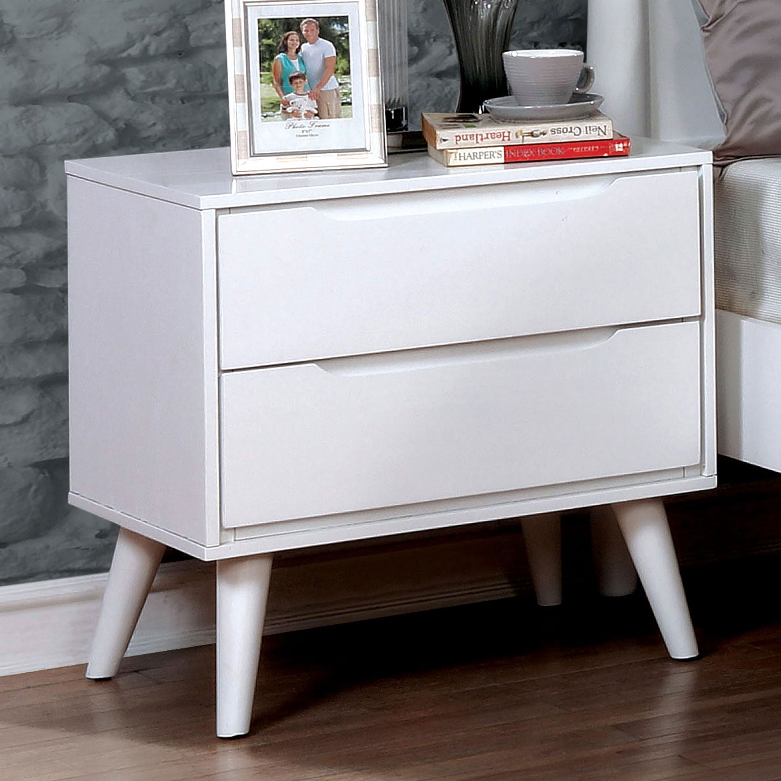 Mid Century Modern White Color 1Pc Nightstand Bedroom Furniture Solid Wood Round Tapered Legs 2 Drawers Bedside Table White White 2 Drawers Bedroom Bedside Cabinet Contemporary,Mid Century Modern,Modern,Transitional Rubberwood Drawers Solid Wood