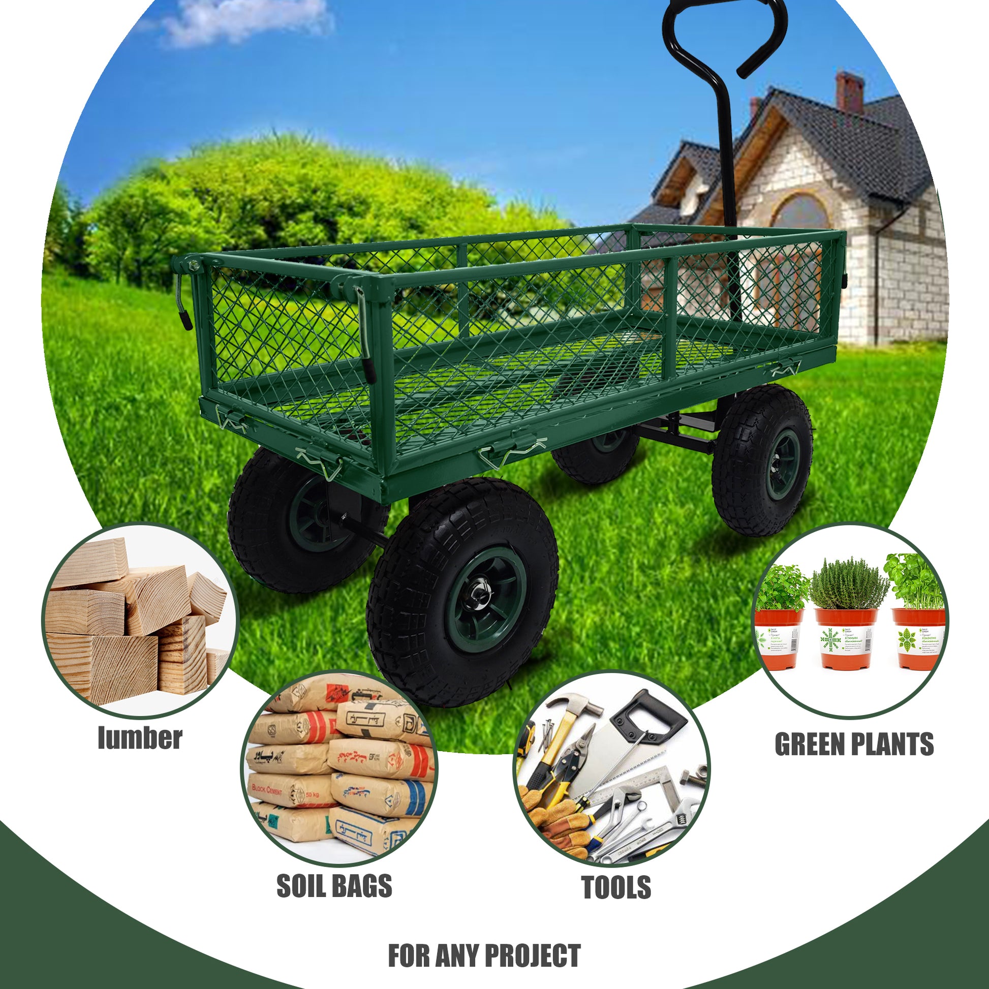 3 Cu. Ft. 300 Lbs. Capacity Removable Sides Metal Steel Mesh Heavy Duty Utility Wagon Outdoor Garden Cart In Green Green Steel