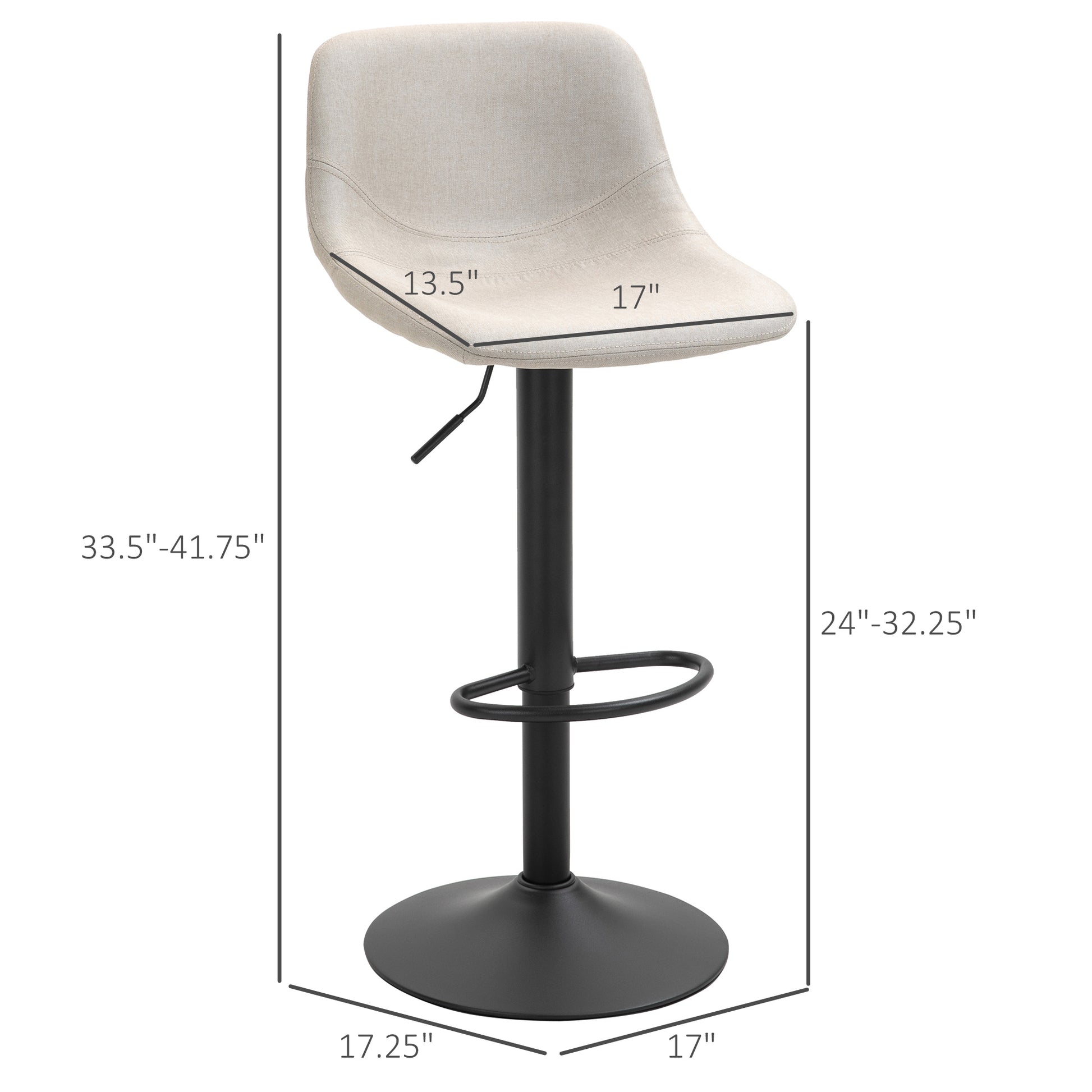 Homcom Adjustable Bar Stools, Swivel Bar Height Chairs Barstools Padded With Back For Kitchen, Counter, And Home Bar, Set Of 2, Cream White Cream White Linen