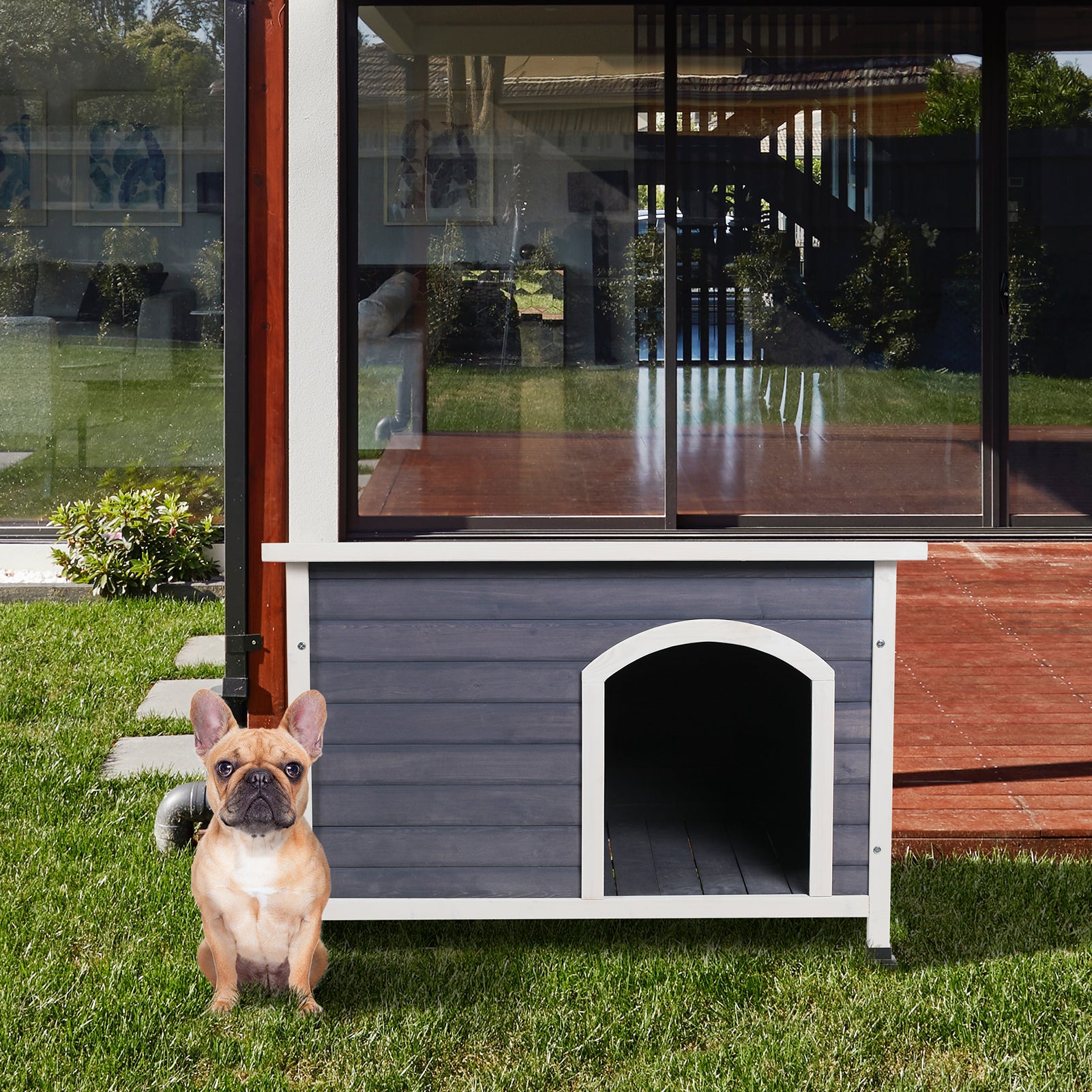 Medium Wooden Outdoor Dog House, Waterproof Roof, Elevated Floor, Grey Grey Solid Wood