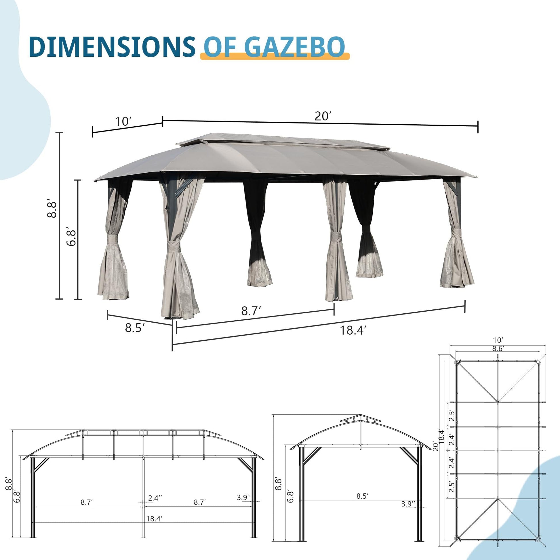 Gazebo 10X20Ft, Outdoor Gazebo With Double Roofs, Privacy Curtains, Mosquito Nettings, Heavy Duty Metal Frame Party Tent Canopy For Patio, Backyard, Deck, Lawn, Grey Gray Garden & Outdoor Uv Resistant Steel