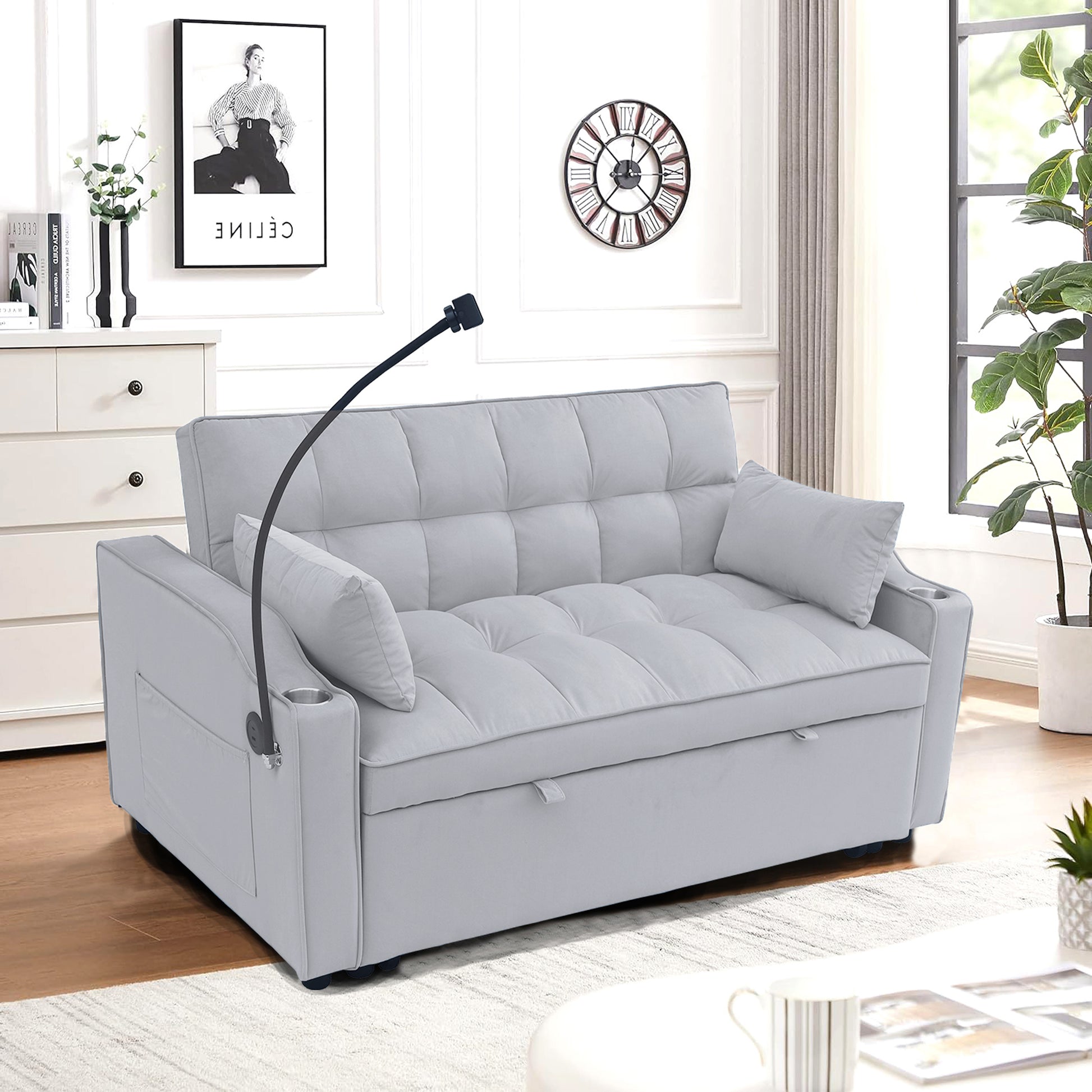 Modern Velvet Loveseat Futon Sofa Couch W Pullout Bed,Small Beautiful Seat Lounge Sofa With Adjustable Reclining Backrest,Toss Pillows, Pockets,Furniture For Living Room,3 In 1 Convertible Sleeper Sofa Bed Full Light Gray Velvet