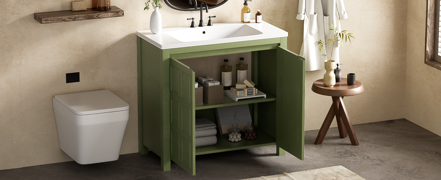 36" Bathroom Vanity Organizer With Sink, Combo Cabinet Set, Bathroom Storage Cabinet, Olive Green Olive Green Bathroom Solid Wood Mdf Resin