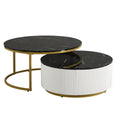 Modern Round Nesting Coffee Table Fluted With Drawer In Black & Gold In 31.5'' Golden Black Drawers Coffee & End Tables Glossy Round Metal Mdf Pedestal